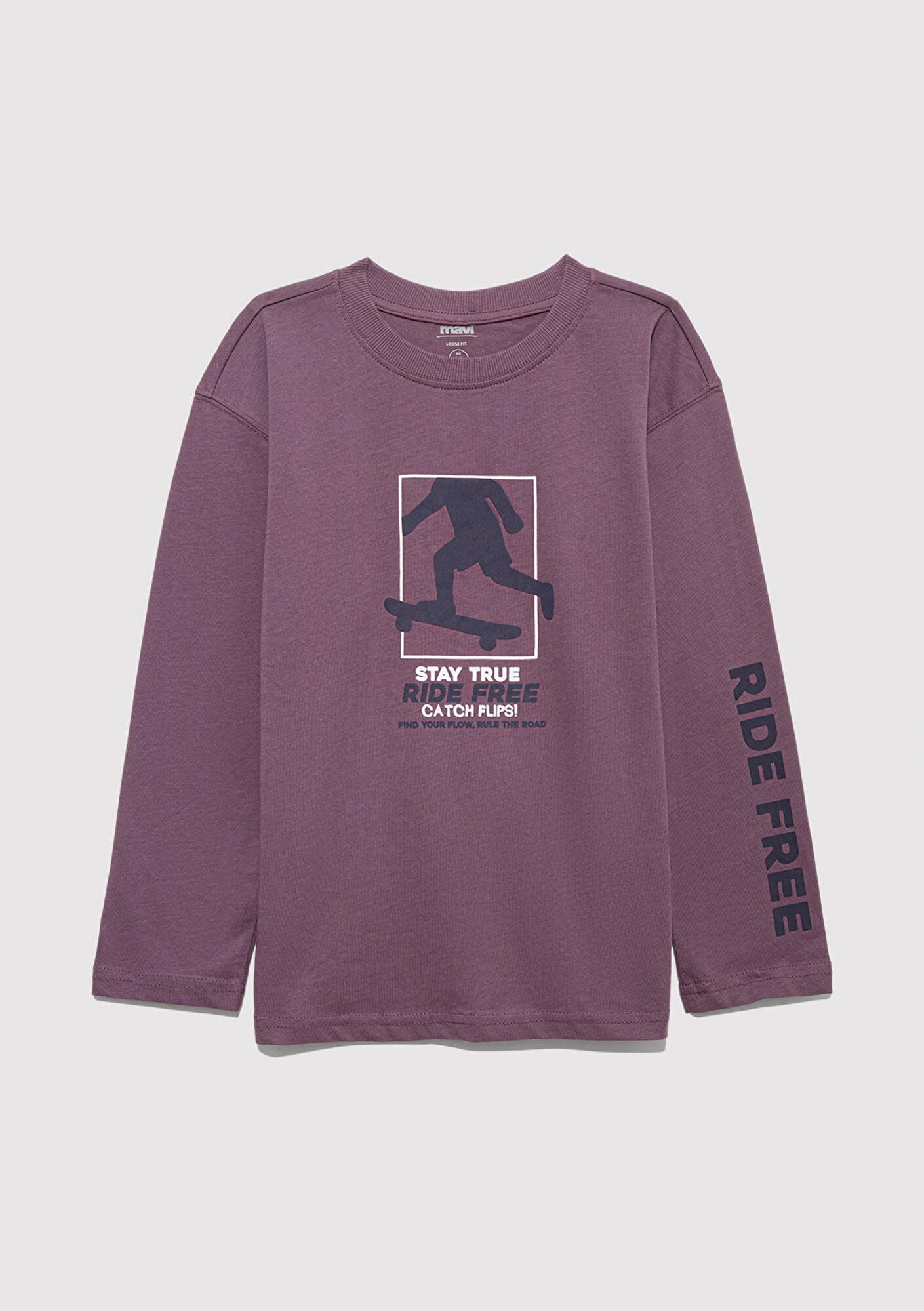 Mavi Baskılı Mor Tişört Loose Fit / Bol Rahat Kesim 6610366-70656