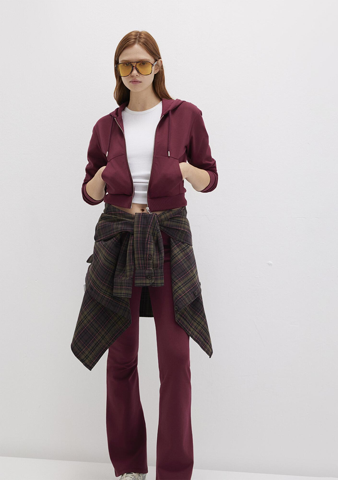 Mavi Kapüşonlu Bordo İnterlok Sweatshirt 1S10424-70394