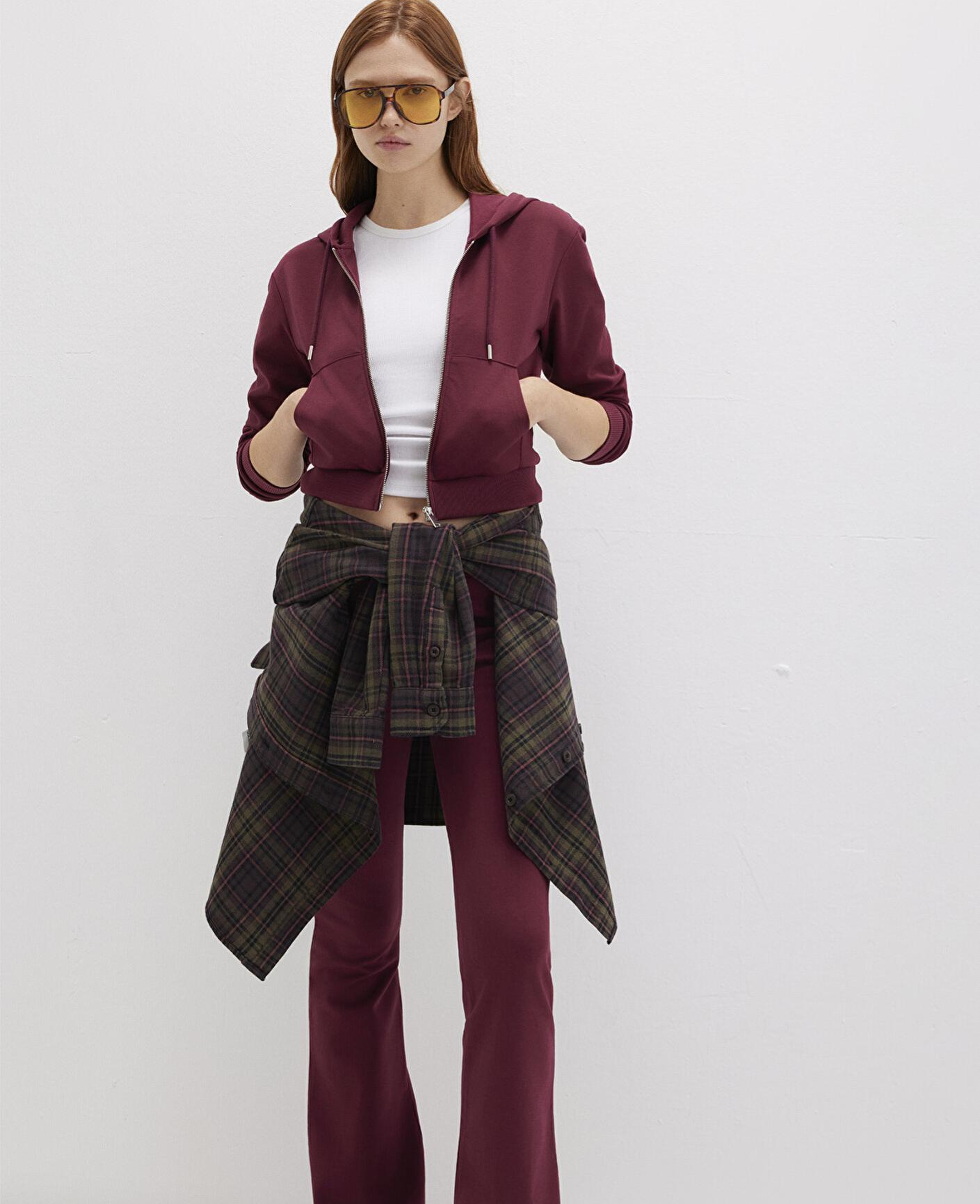 Mavi Kapüşonlu Bordo İnterlok Sweatshirt 1S10424-70394