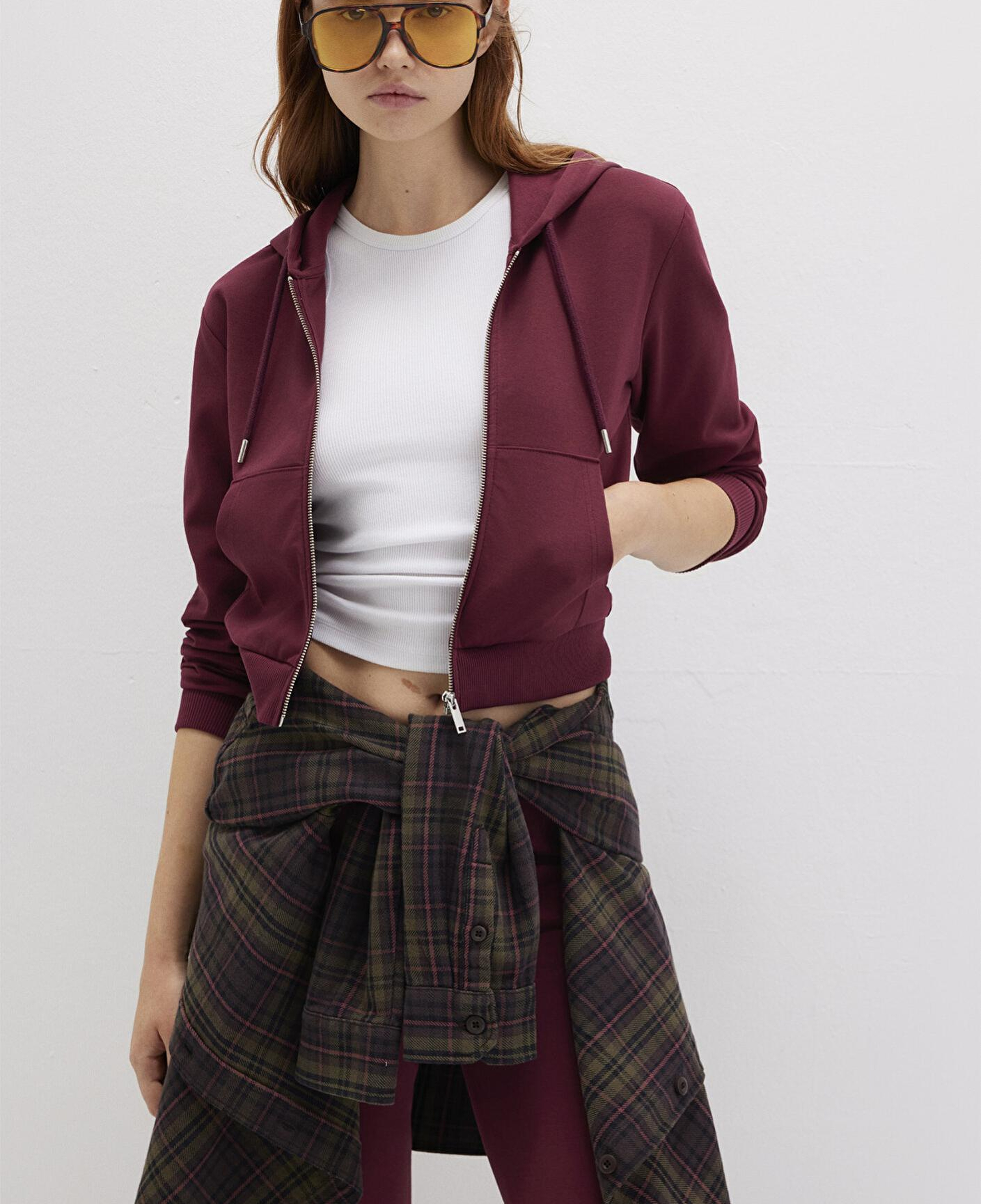 Mavi Kapüşonlu Bordo İnterlok Sweatshirt 1S10424-70394