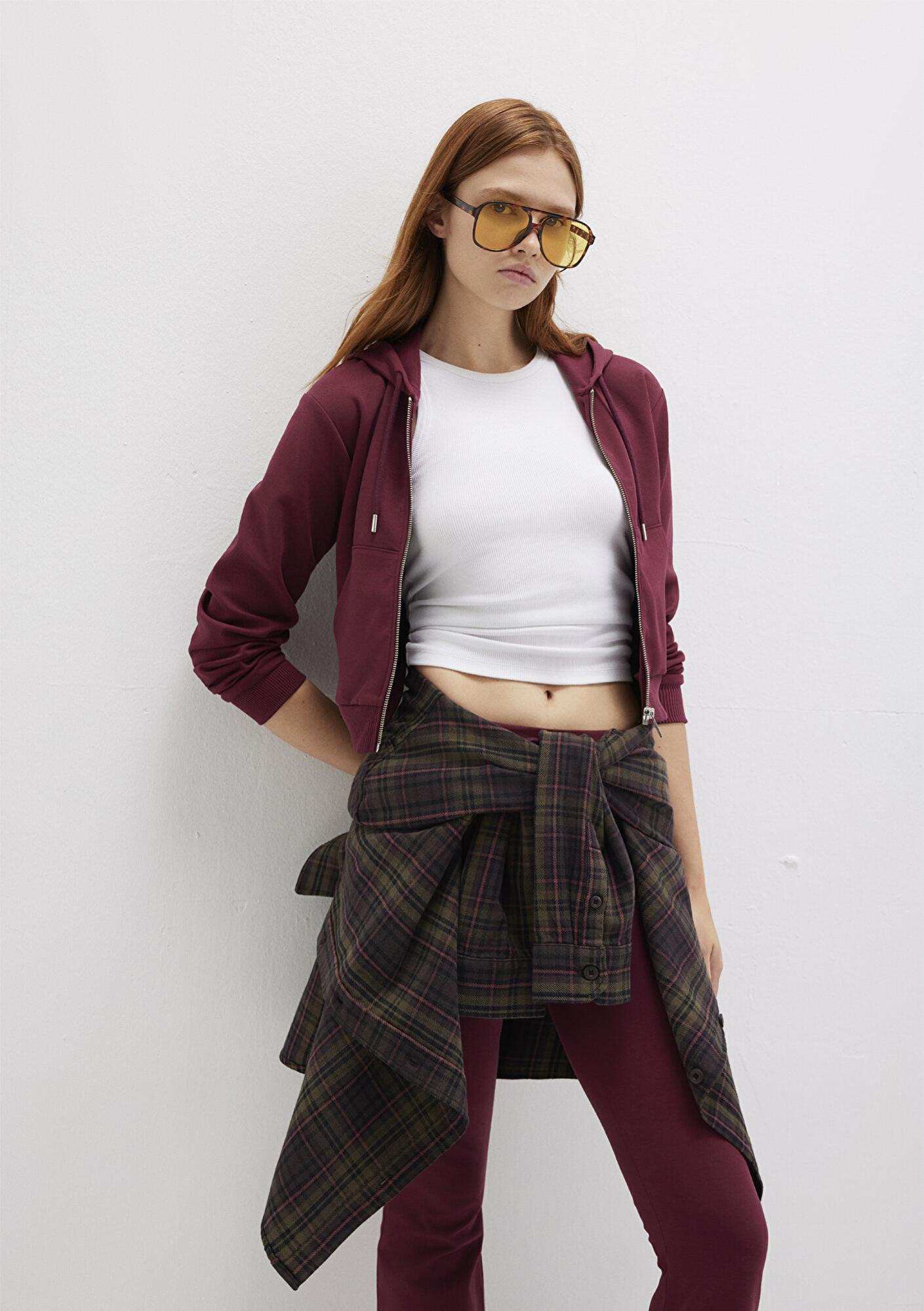 Mavi Kapüşonlu Bordo İnterlok Sweatshirt 1S10424-70394