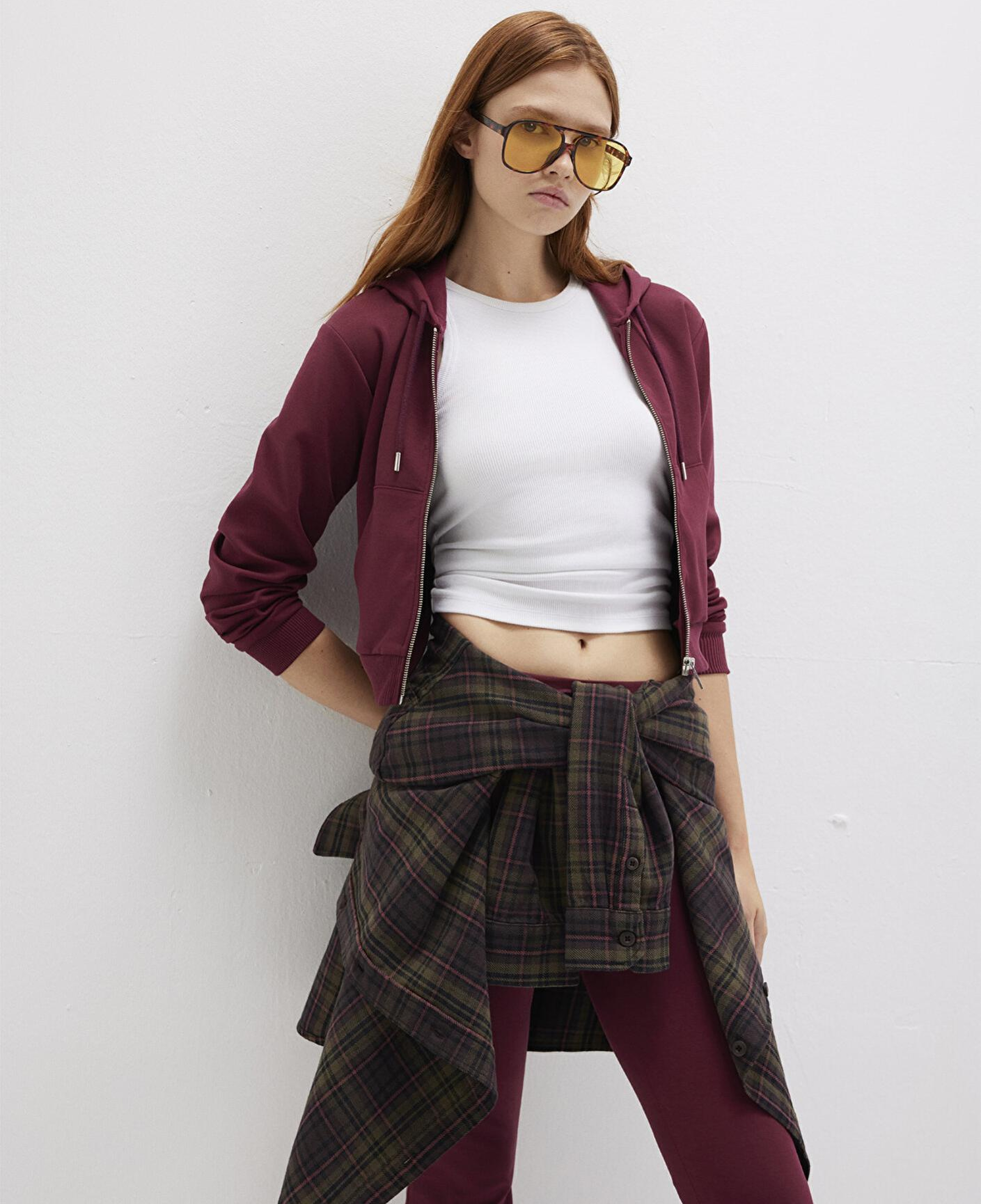 Mavi Kapüşonlu Bordo İnterlok Sweatshirt 1S10424-70394