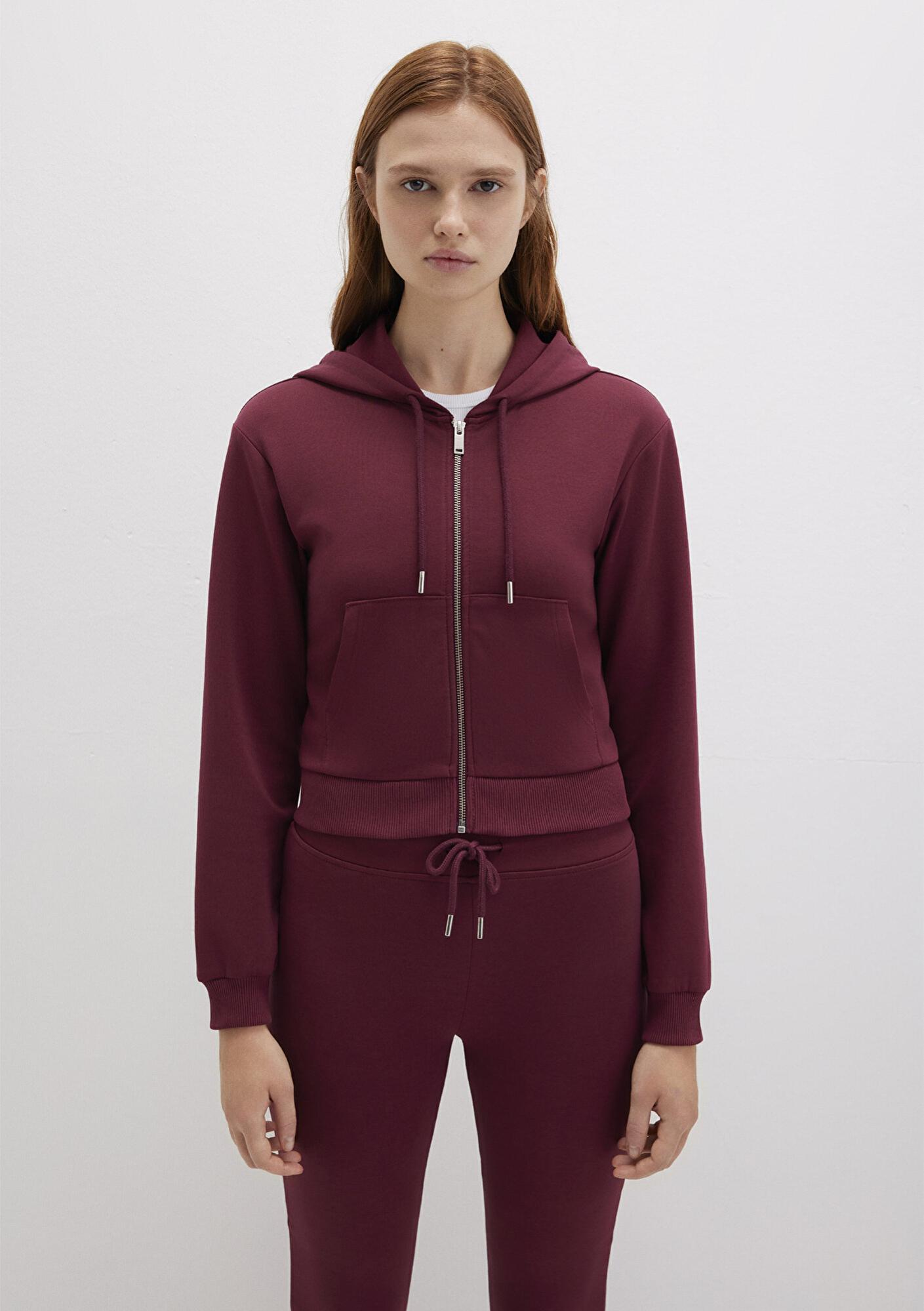 Mavi Kapüşonlu Bordo İnterlok Sweatshirt 1S10424-70394
