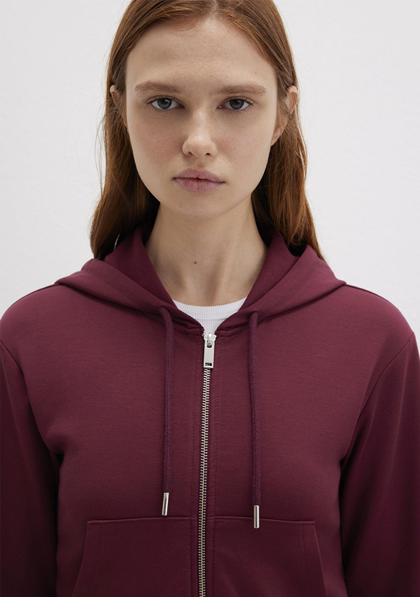 Mavi Kapüşonlu Bordo İnterlok Sweatshirt 1S10424-70394