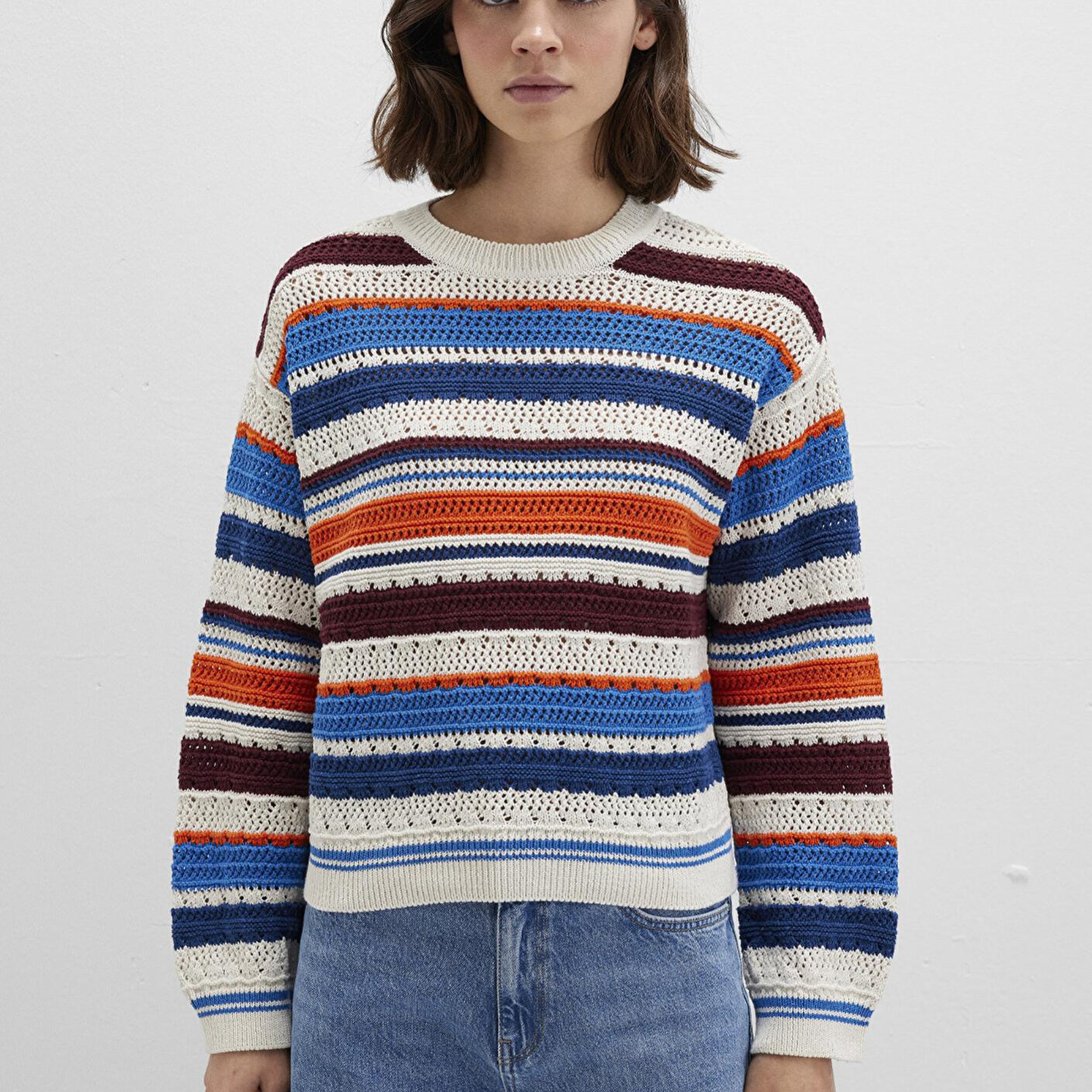 Mavi Jakarlı Renkli Kazak Loose Fit / Bol Rahat Kesim 1710777-91041