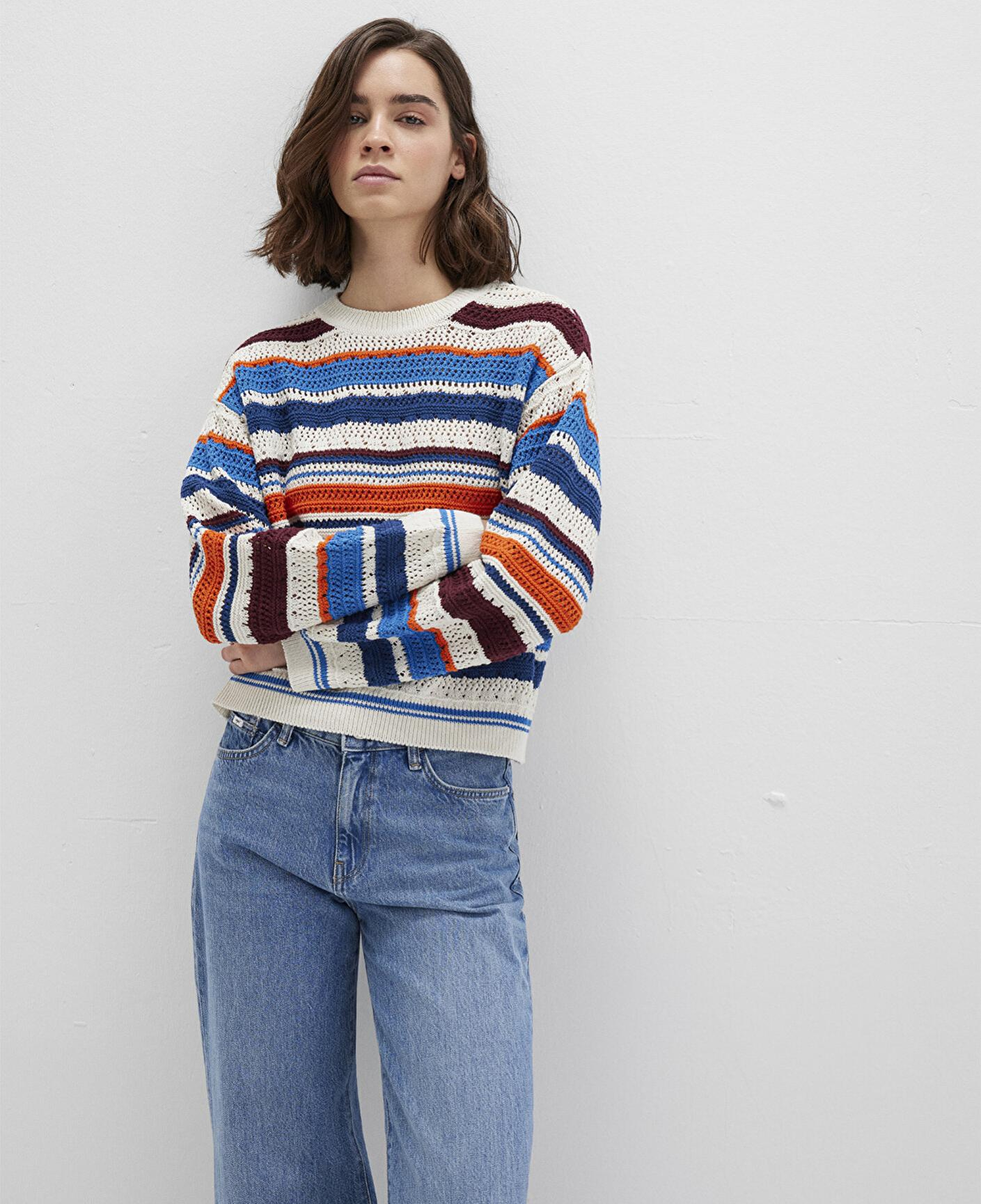 Mavi Jakarlı Renkli Kazak Loose Fit / Bol Rahat Kesim 1710777-91041