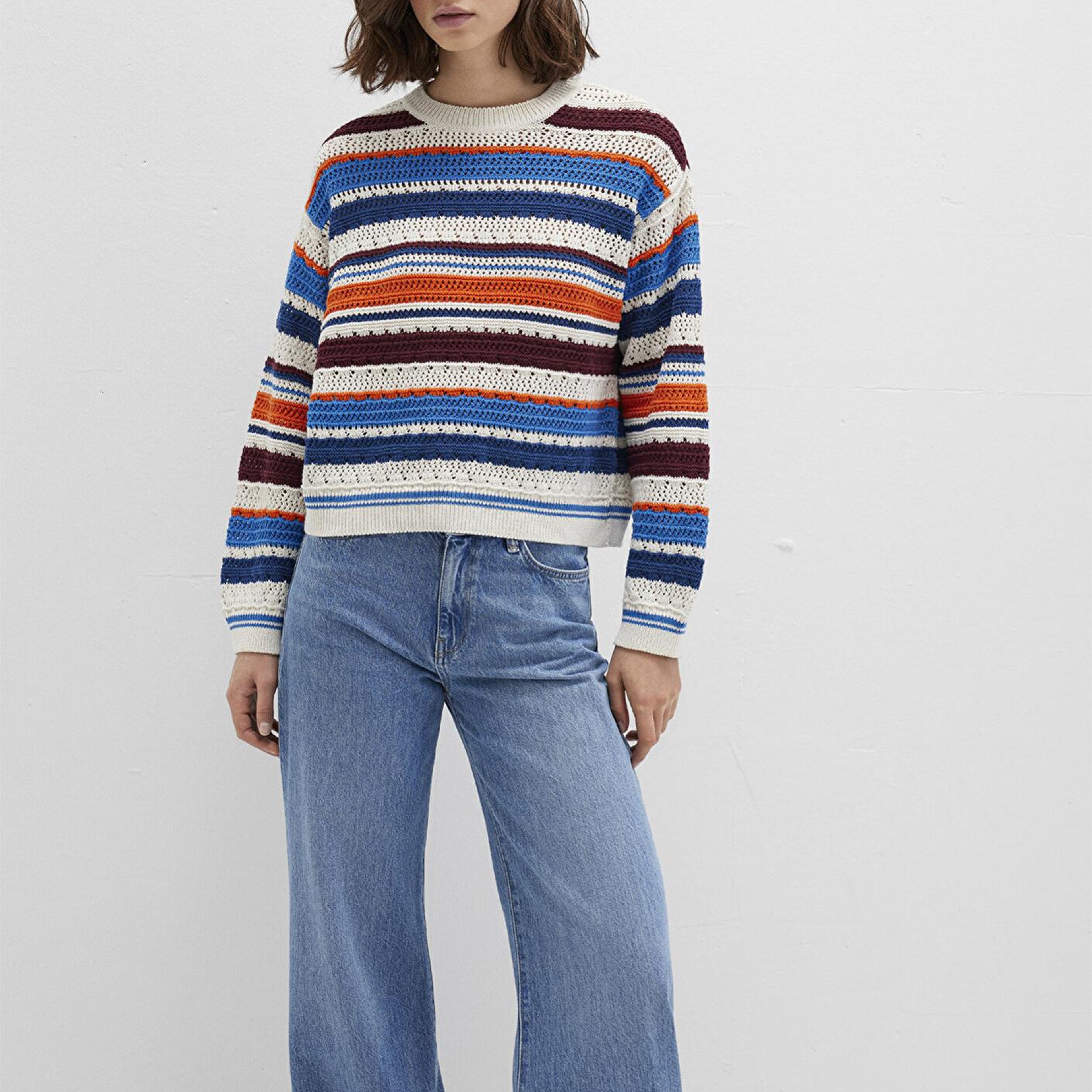 Mavi Jakarlı Renkli Kazak Loose Fit / Bol Rahat Kesim 1710777-91041