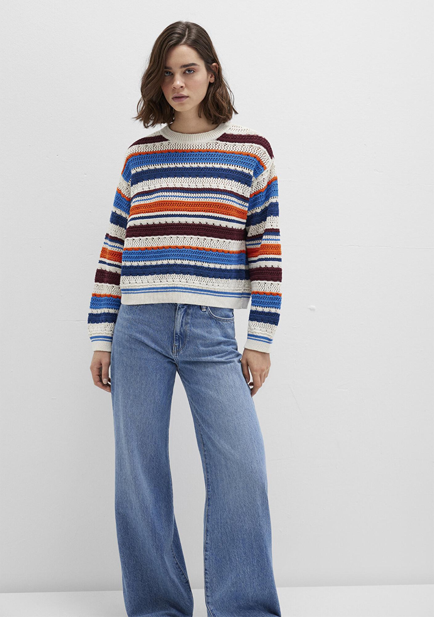 Mavi Jakarlı Renkli Kazak Loose Fit / Bol Rahat Kesim 1710777-91041