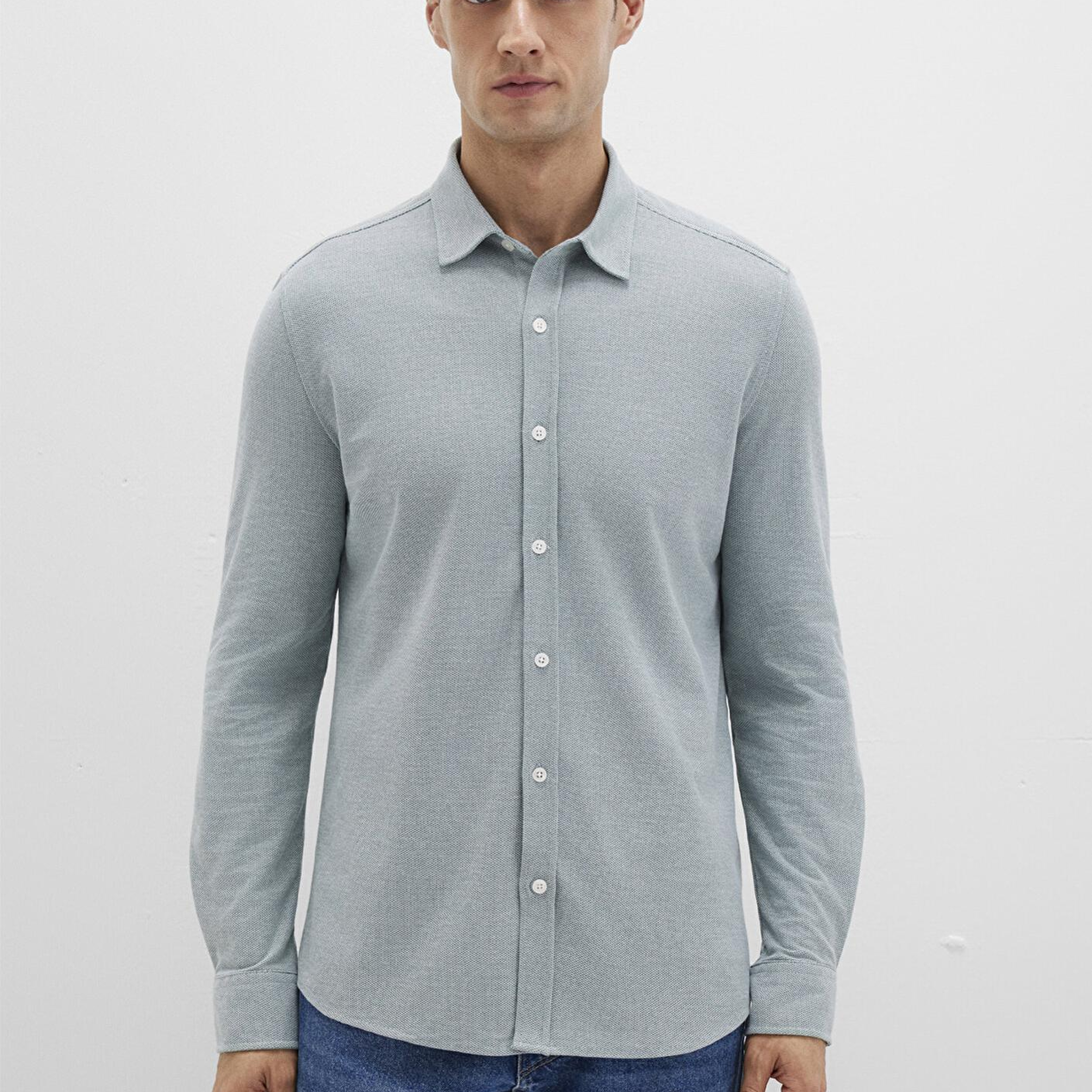 Mavi Yeşil Örme Gömlek Slim Fit / Dar Kesim 0211513-70131