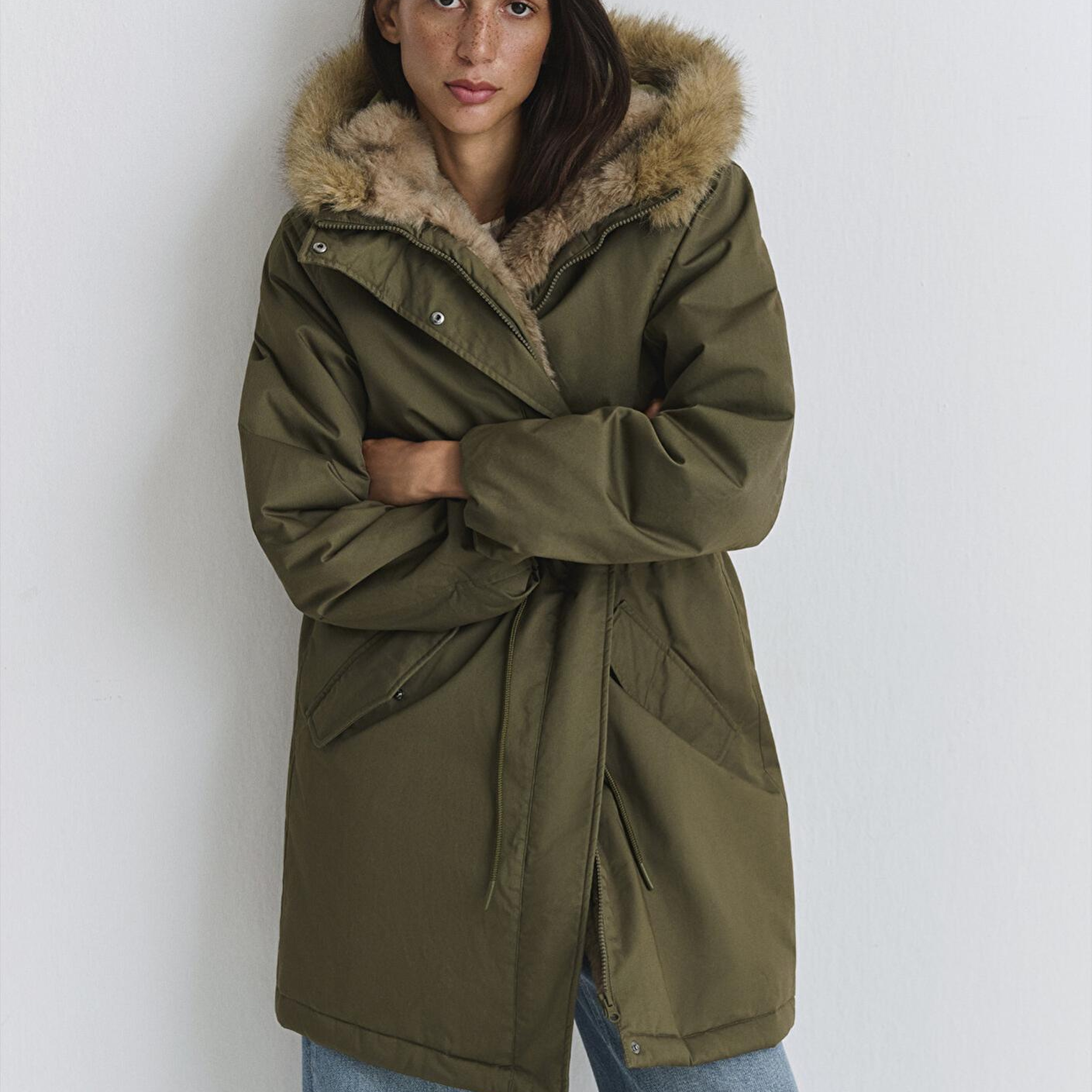 Mavi Suni Kürk Detaylı Yeşil Parka Loose Fit / Bol Rahat Kesim 1110786-71549