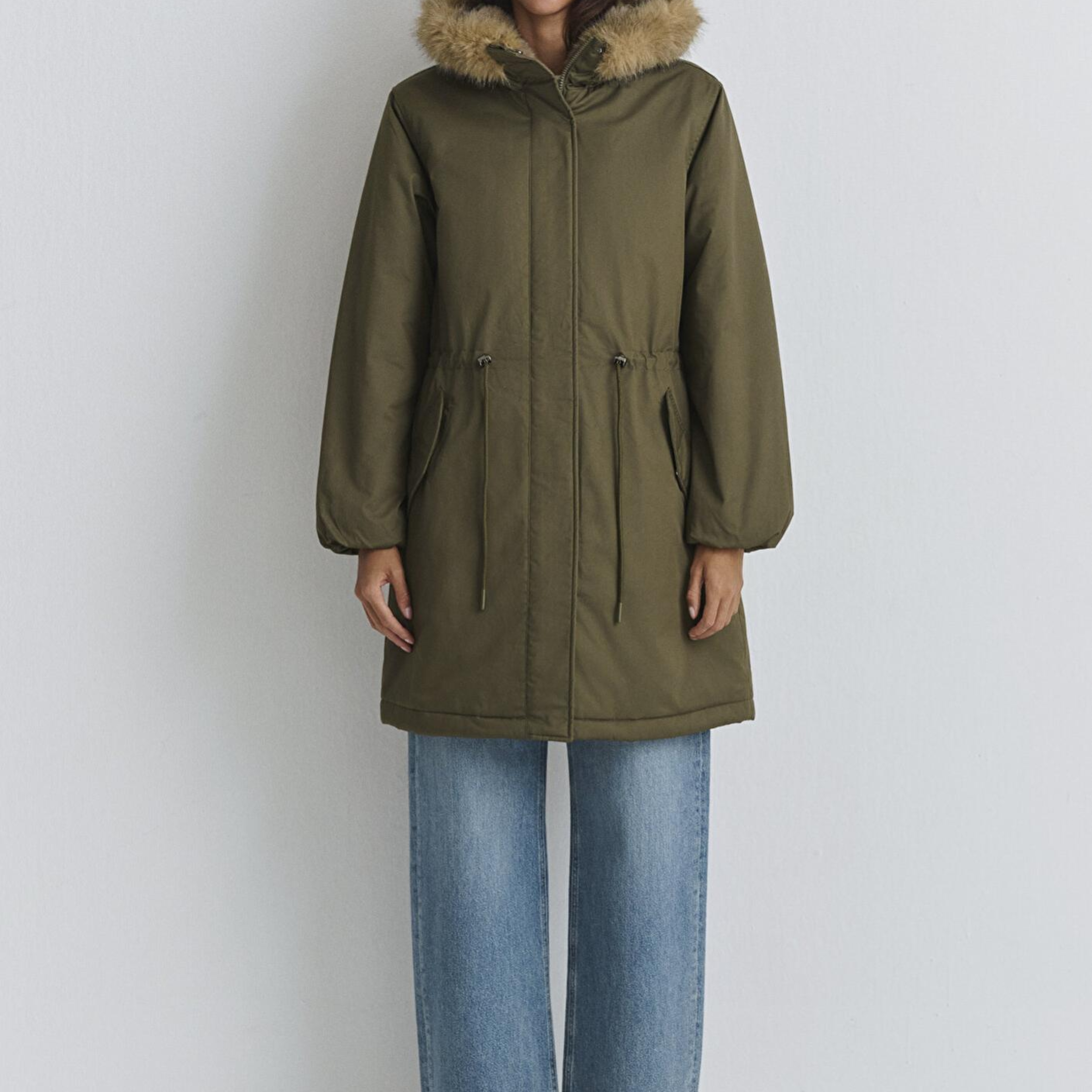 Mavi Suni Kürk Detaylı Yeşil Parka Loose Fit / Bol Rahat Kesim 1110786-71549