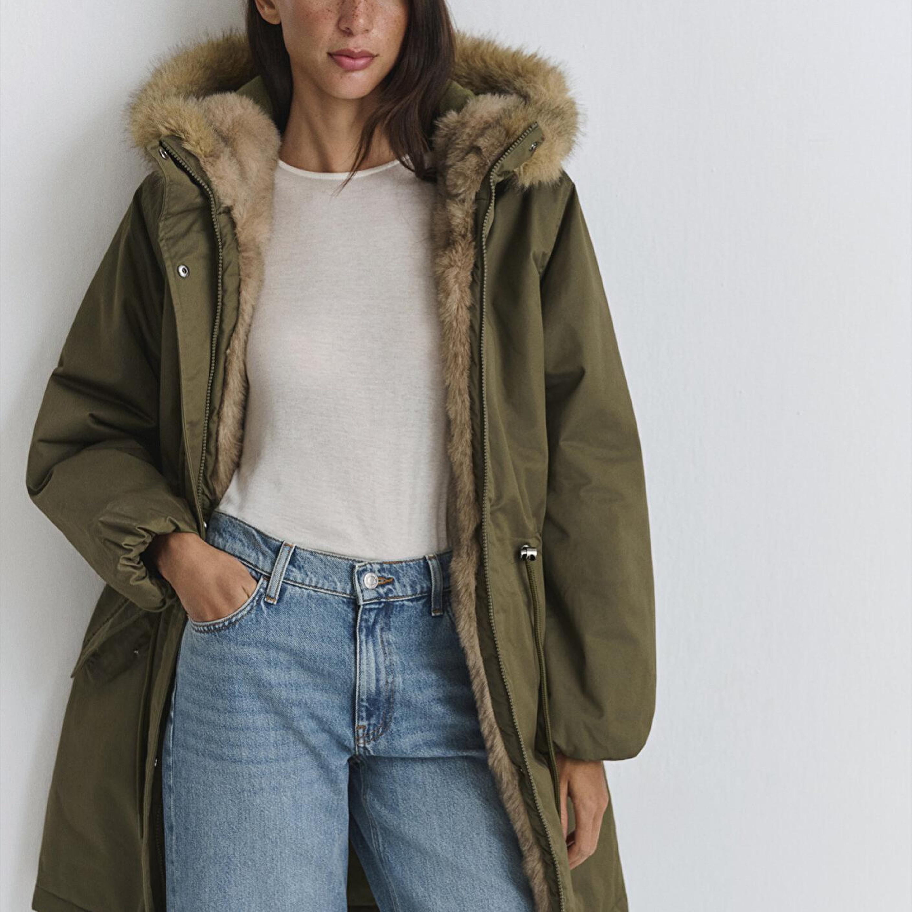 Mavi Suni Kürk Detaylı Yeşil Parka Loose Fit / Bol Rahat Kesim 1110786-71549