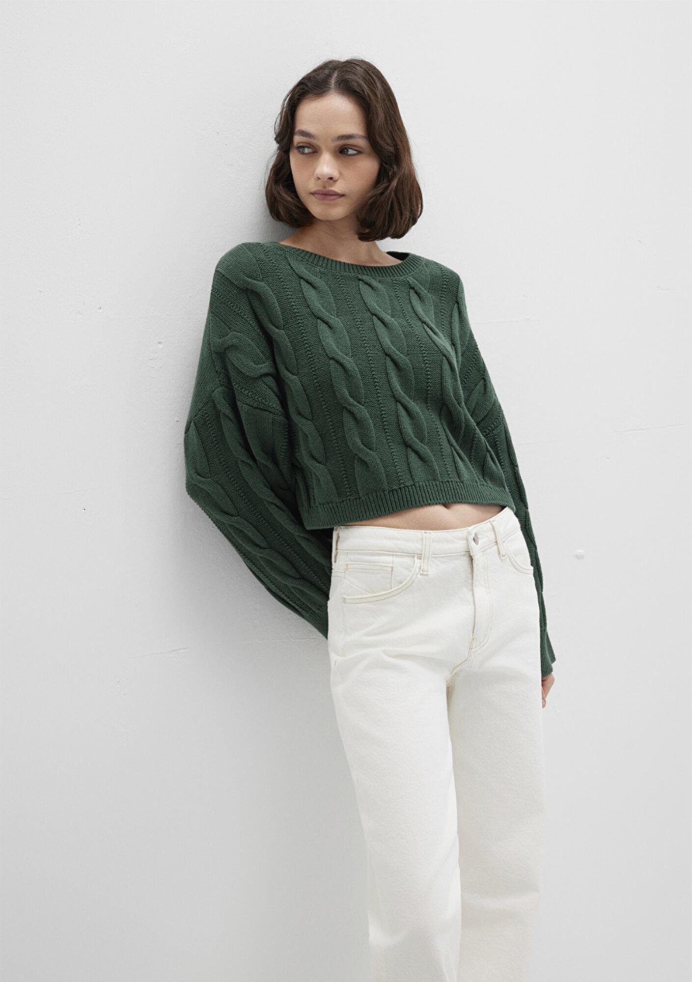 Mavi Bisiklet Yaka Yeşil Kazak Crop / Kısa Kesim 1710477-71894