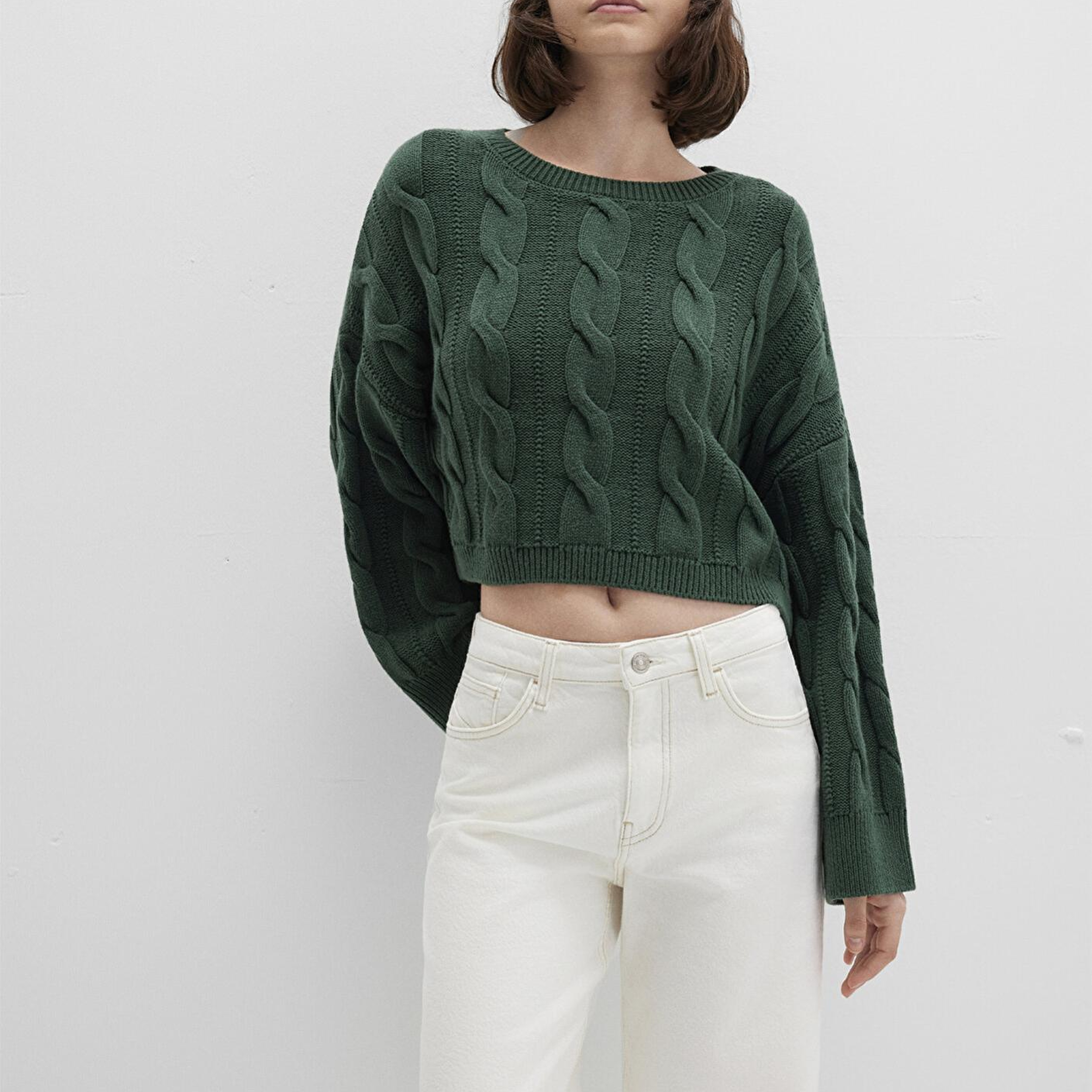 Mavi Bisiklet Yaka Yeşil Kazak Crop / Kısa Kesim 1710477-71894