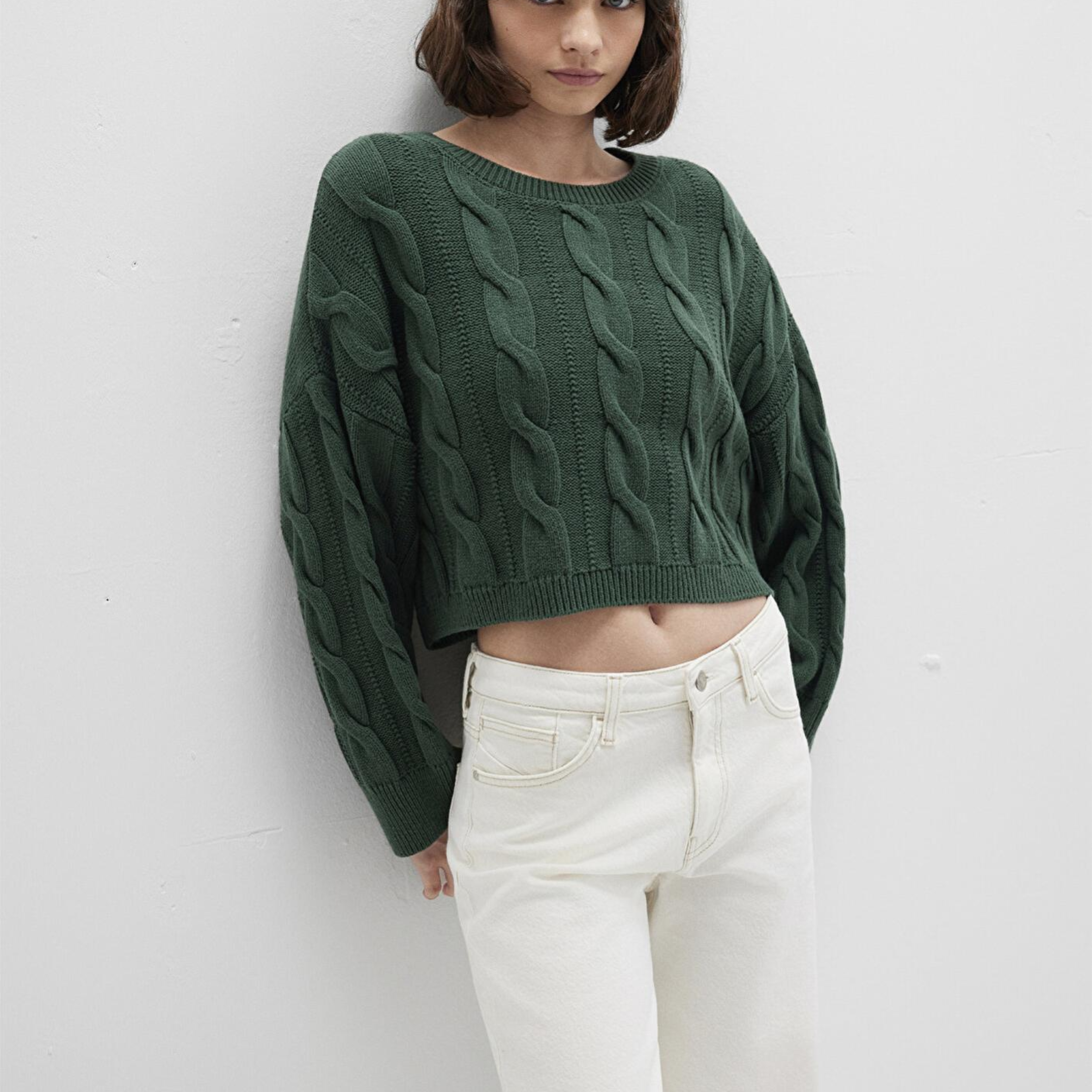 Mavi Bisiklet Yaka Yeşil Kazak Crop / Kısa Kesim 1710477-71894