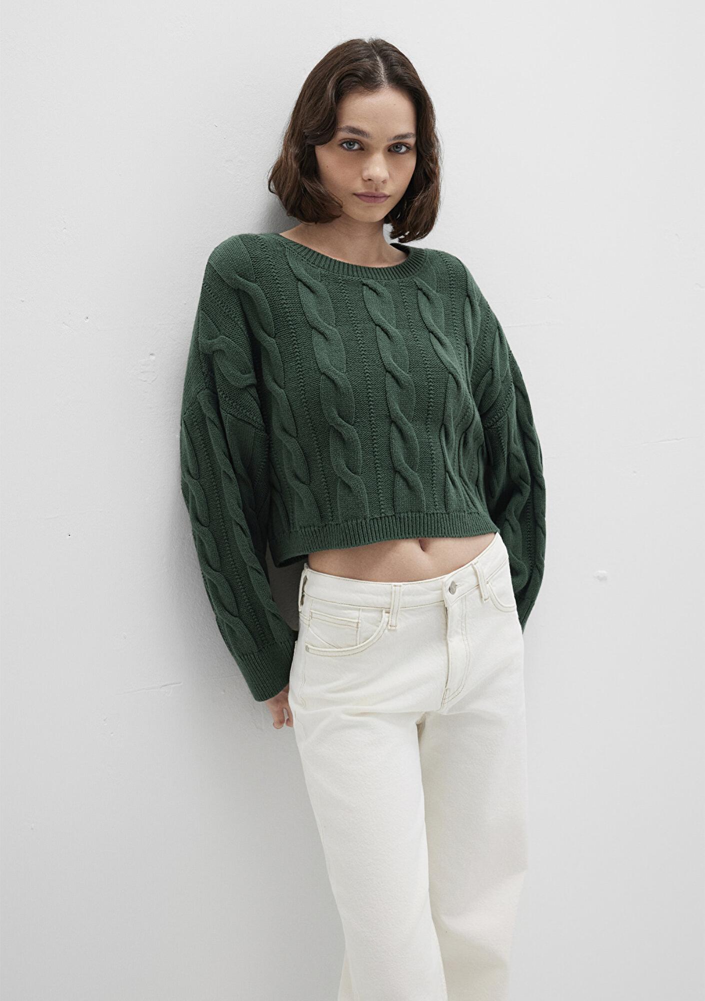 Mavi Bisiklet Yaka Yeşil Kazak Crop / Kısa Kesim 1710477-71894