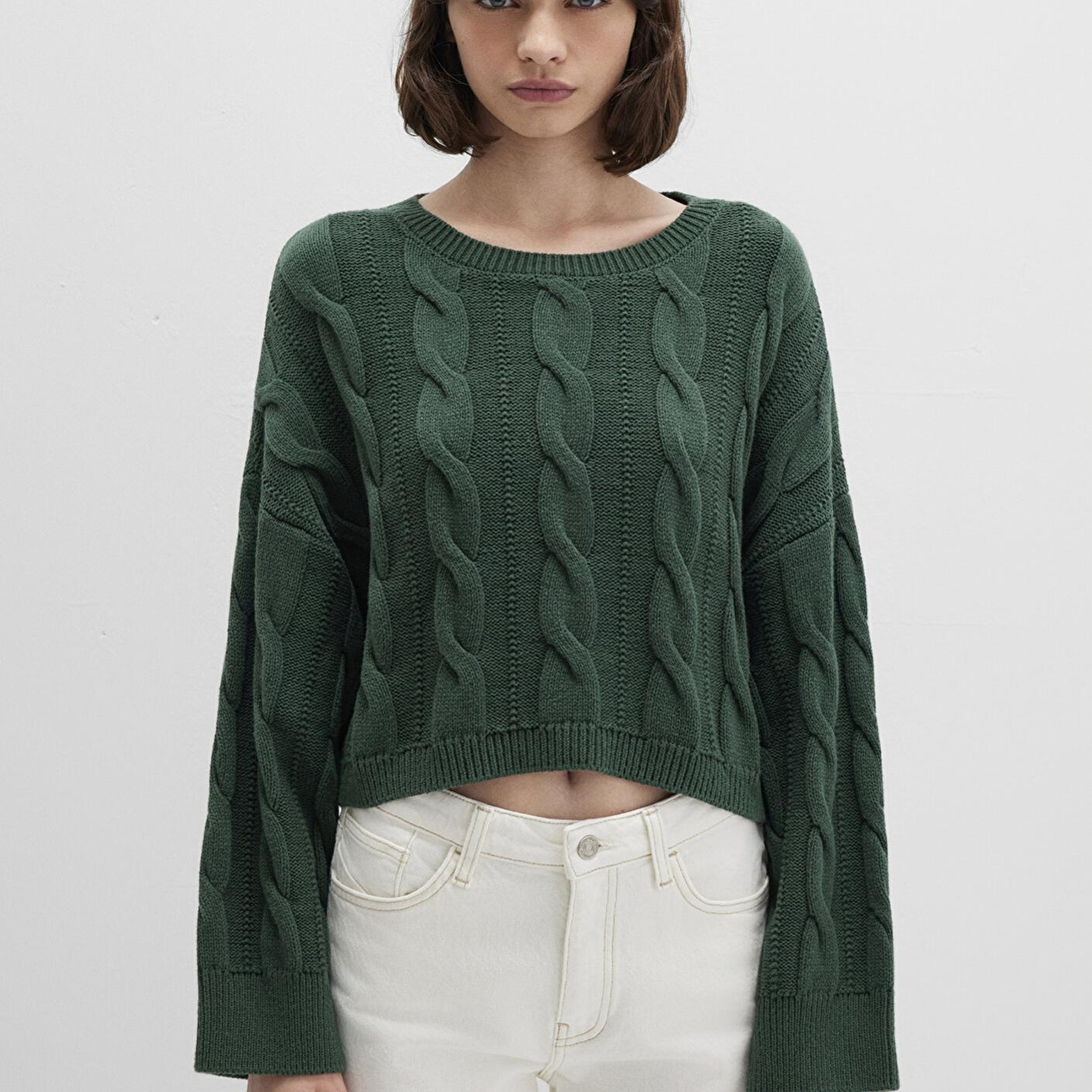 Mavi Bisiklet Yaka Yeşil Kazak Crop / Kısa Kesim 1710477-71894