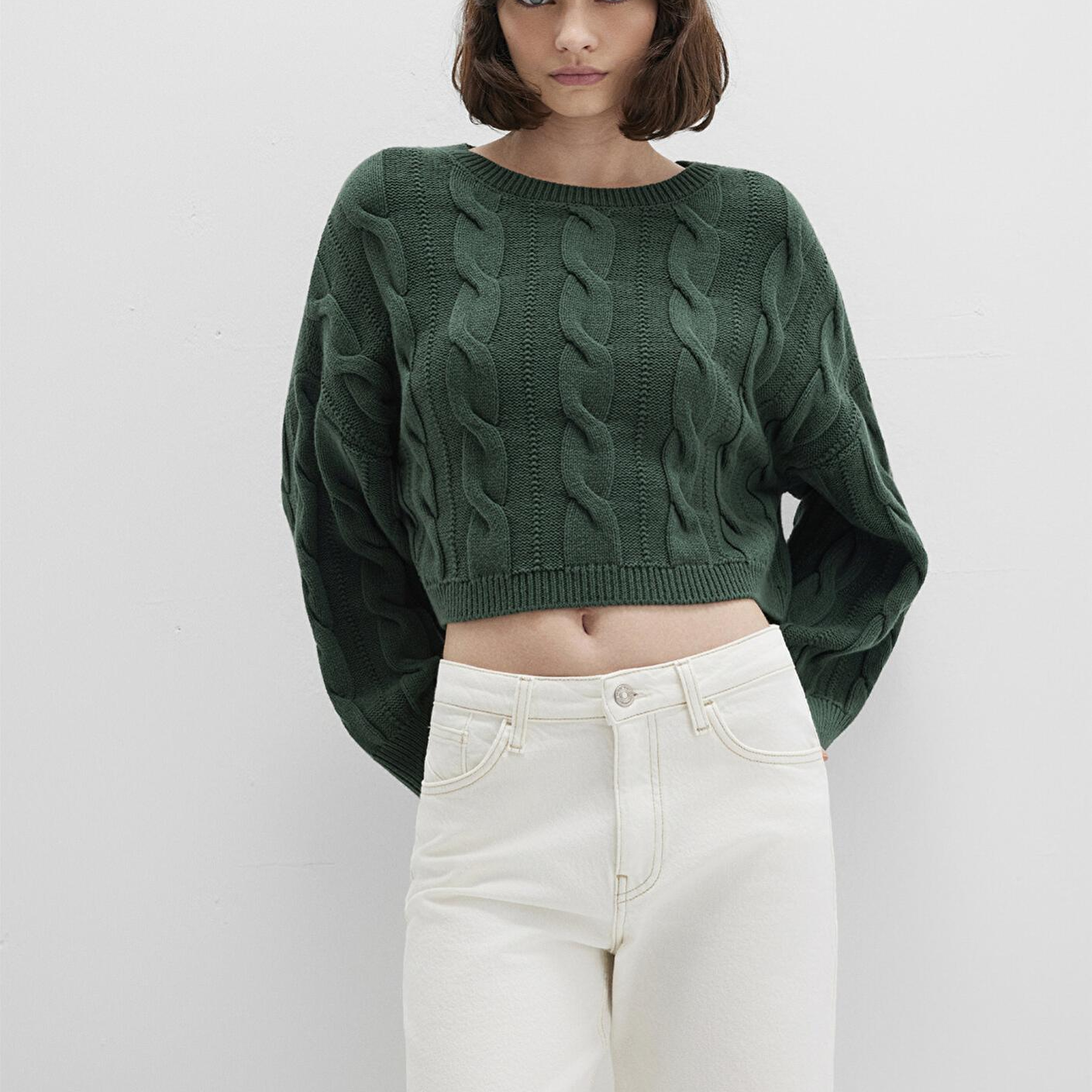 Mavi Bisiklet Yaka Yeşil Kazak Crop / Kısa Kesim 1710477-71894