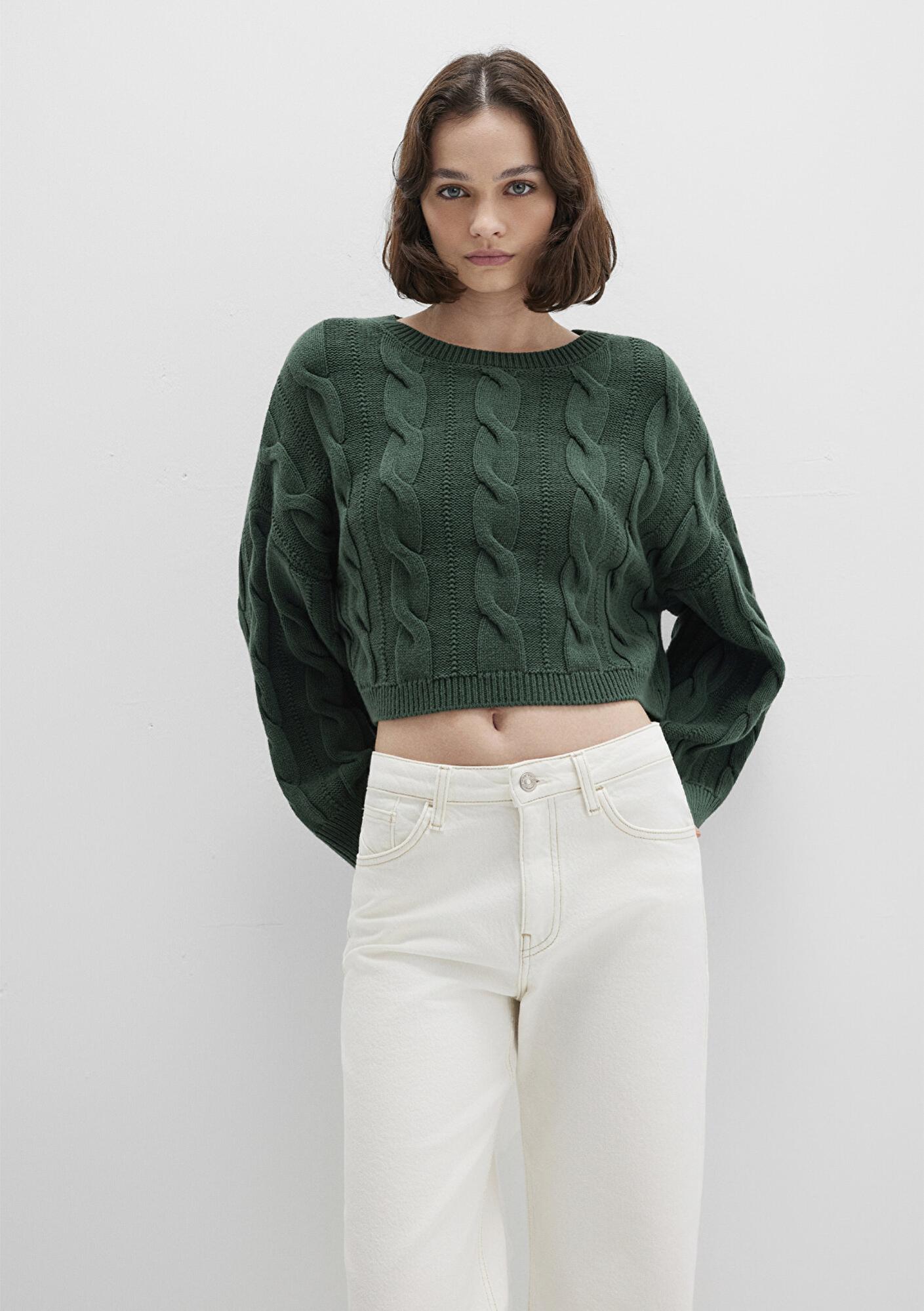 Mavi Bisiklet Yaka Yeşil Kazak Crop / Kısa Kesim 1710477-71894