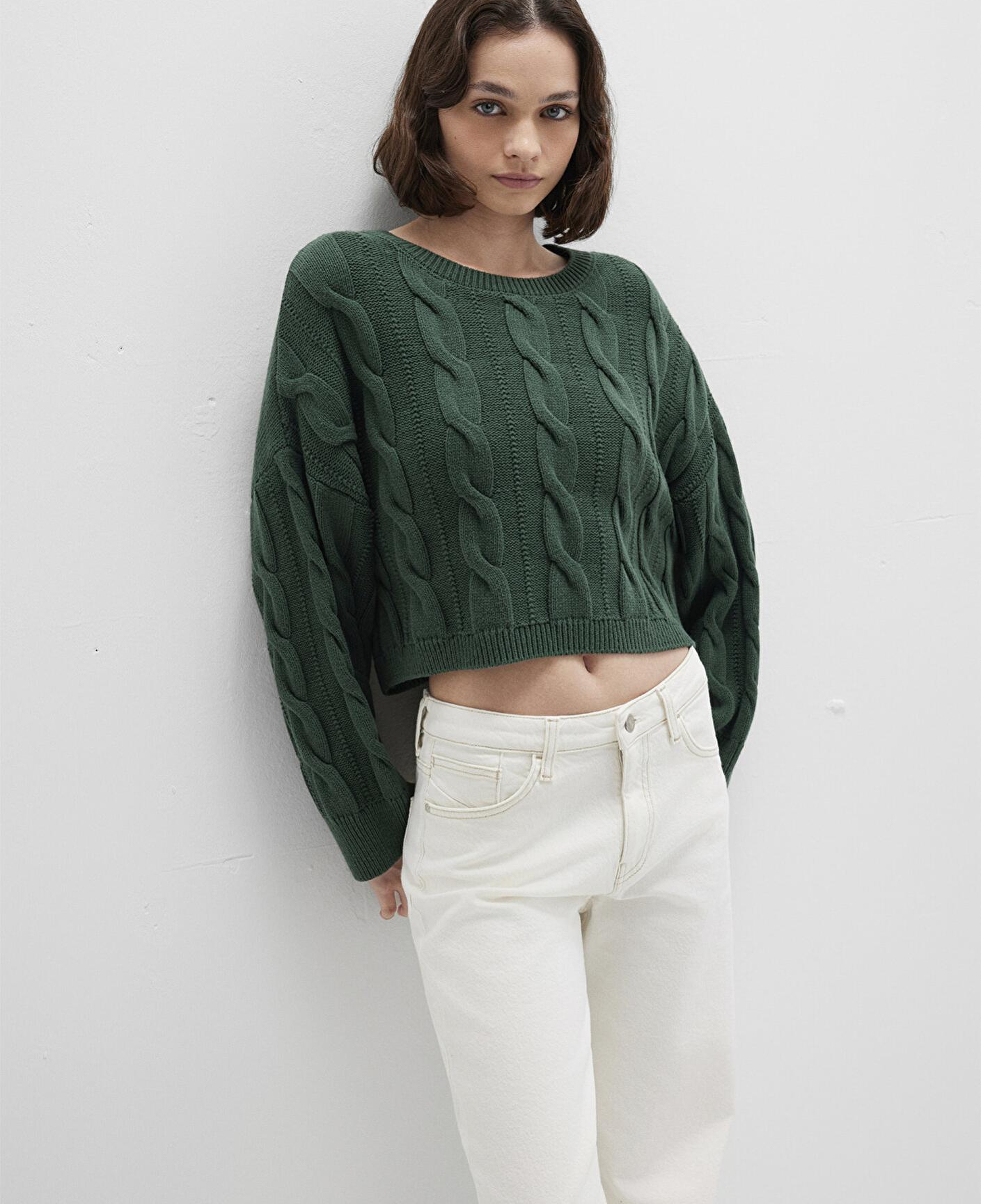 Mavi Bisiklet Yaka Yeşil Kazak Crop / Kısa Kesim 1710477-71894