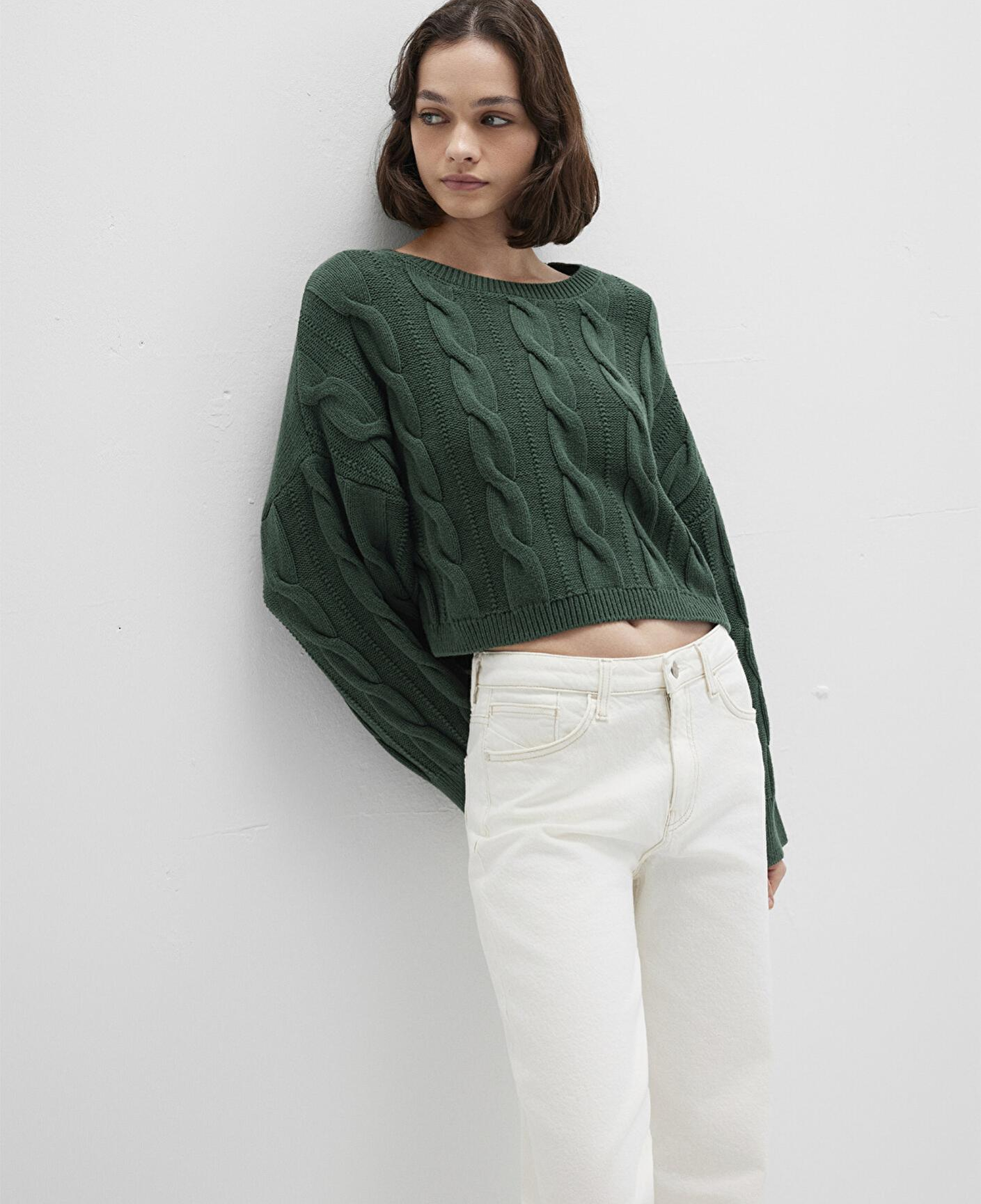 Mavi Bisiklet Yaka Yeşil Kazak Crop / Kısa Kesim 1710477-71894