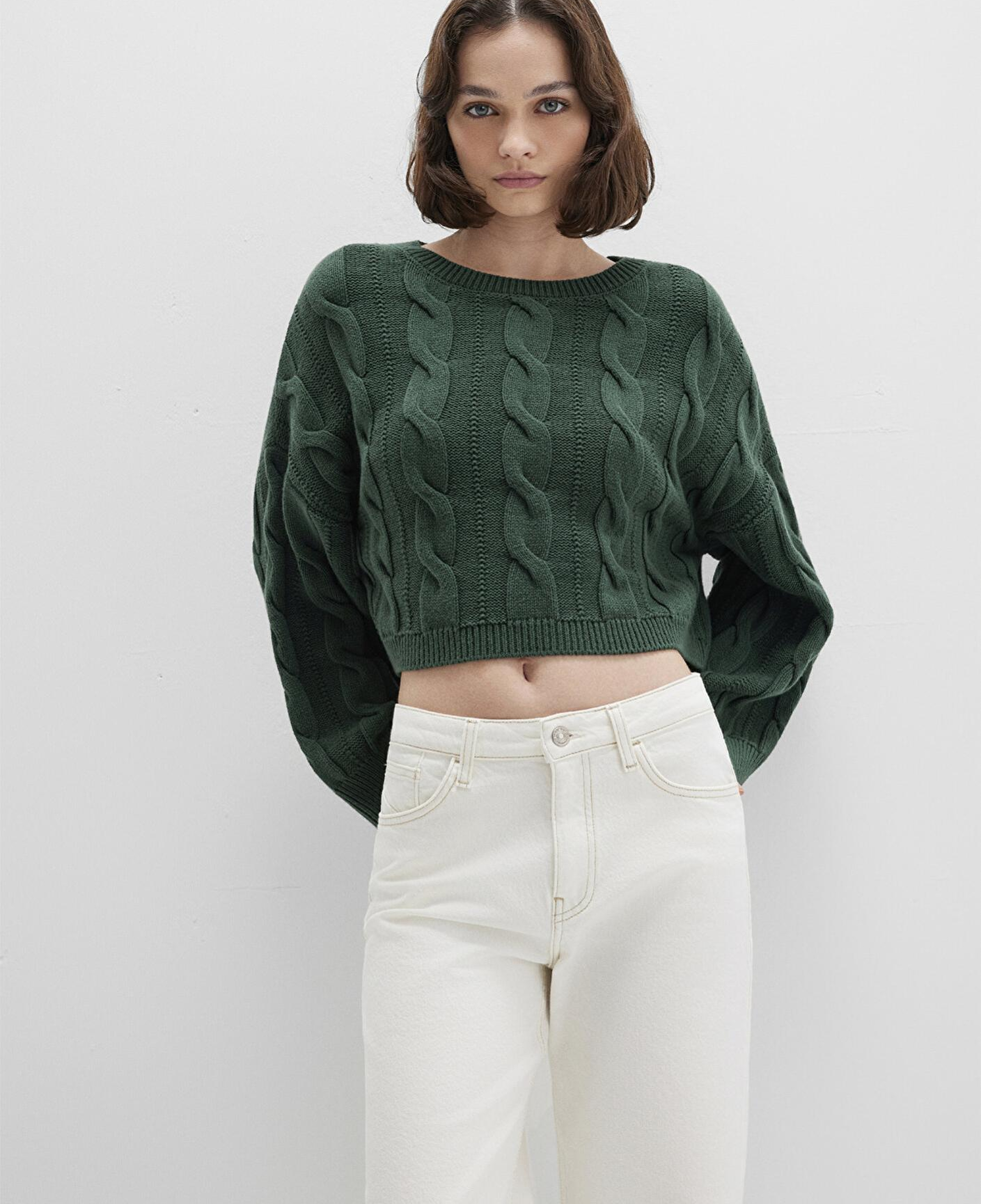 Mavi Bisiklet Yaka Yeşil Kazak Crop / Kısa Kesim 1710477-71894