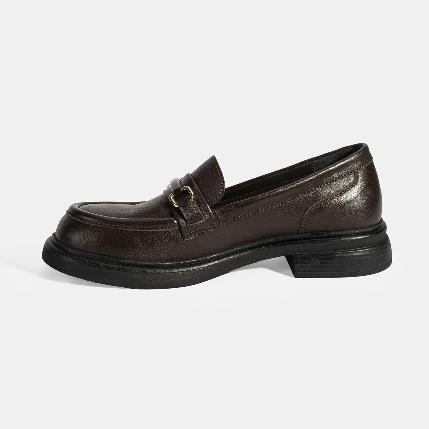 Kadın Kahve Metal Toka Detaylı Deri Loafer