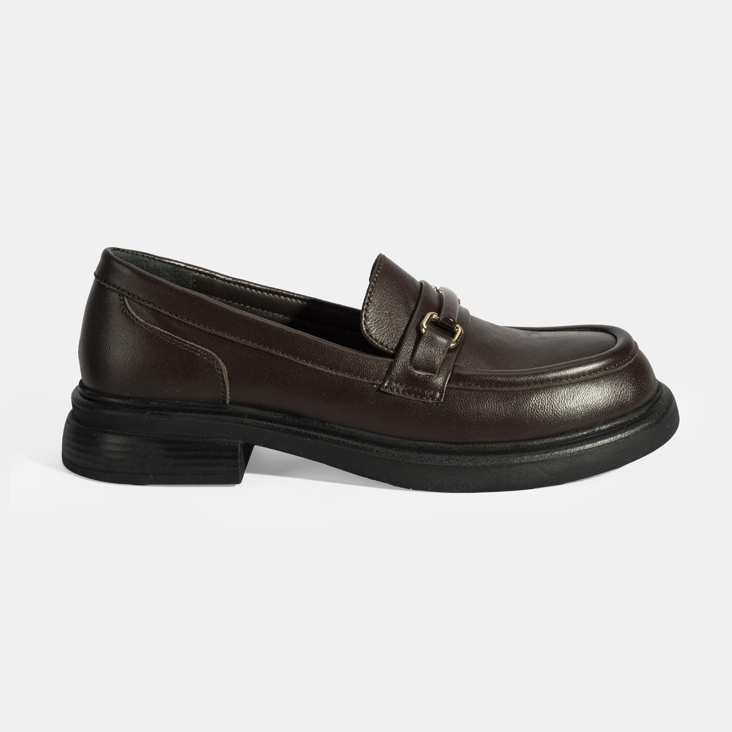 Kadın Kahve Metal Toka Detaylı Deri Loafer