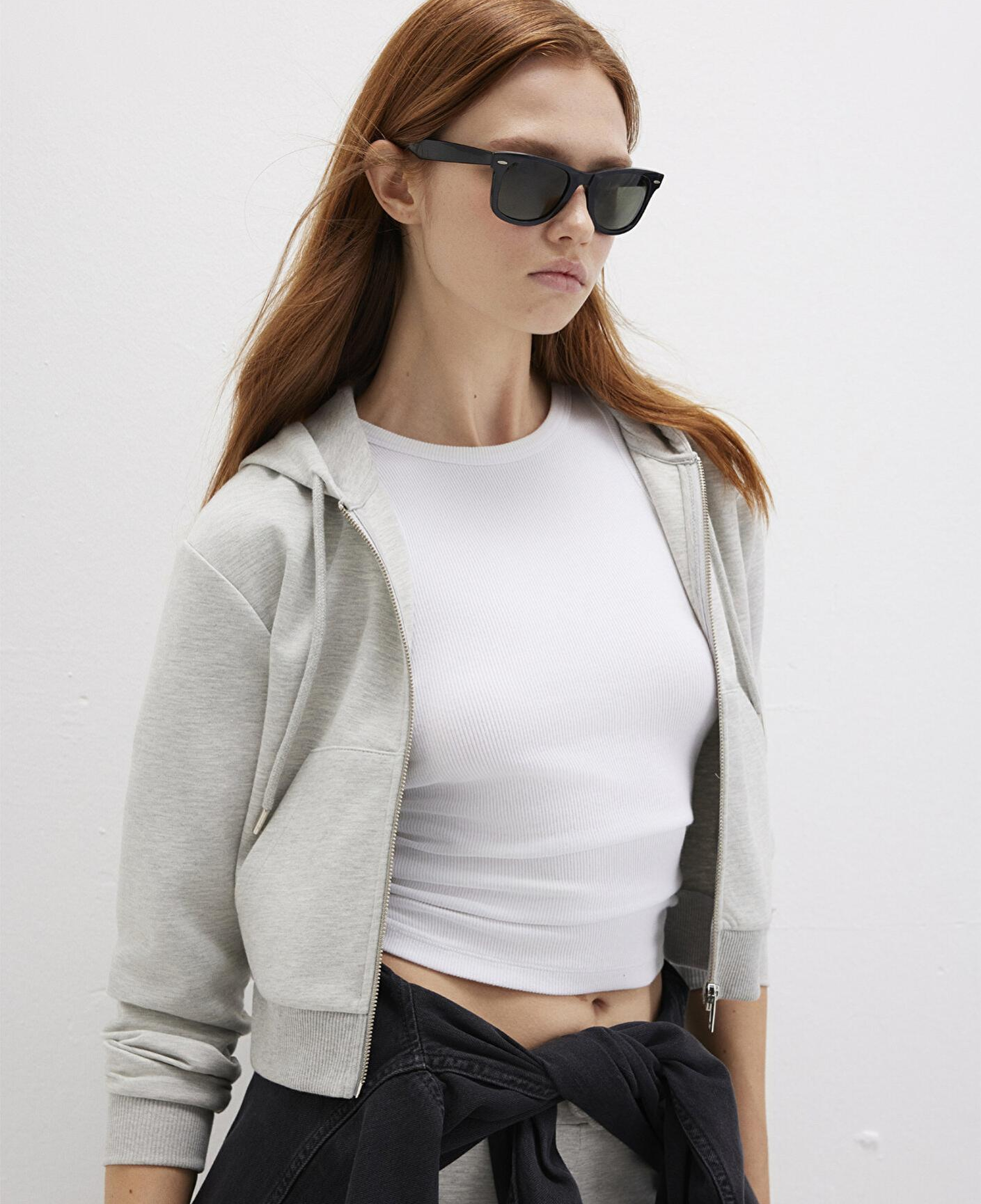 Mavi Kapüşonlu Gri İnterlok Sweatshirt 1S10424-88467