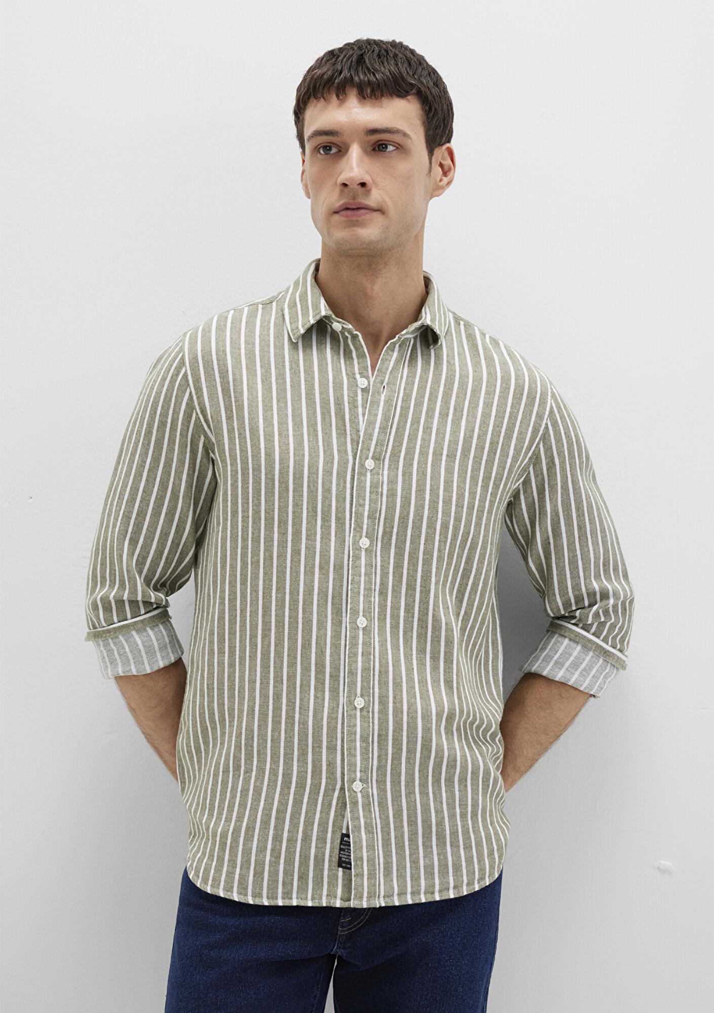 Mavi Çizgili Yeşil Gömlek Slim Fit / Dar Kesim 0211698-91114