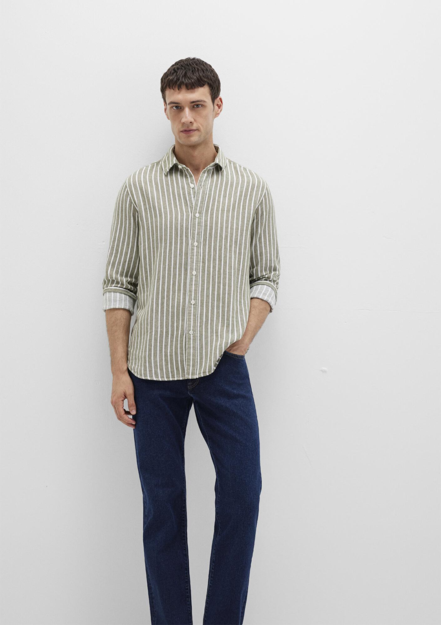 Mavi Çizgili Yeşil Gömlek Slim Fit / Dar Kesim 0211698-91114