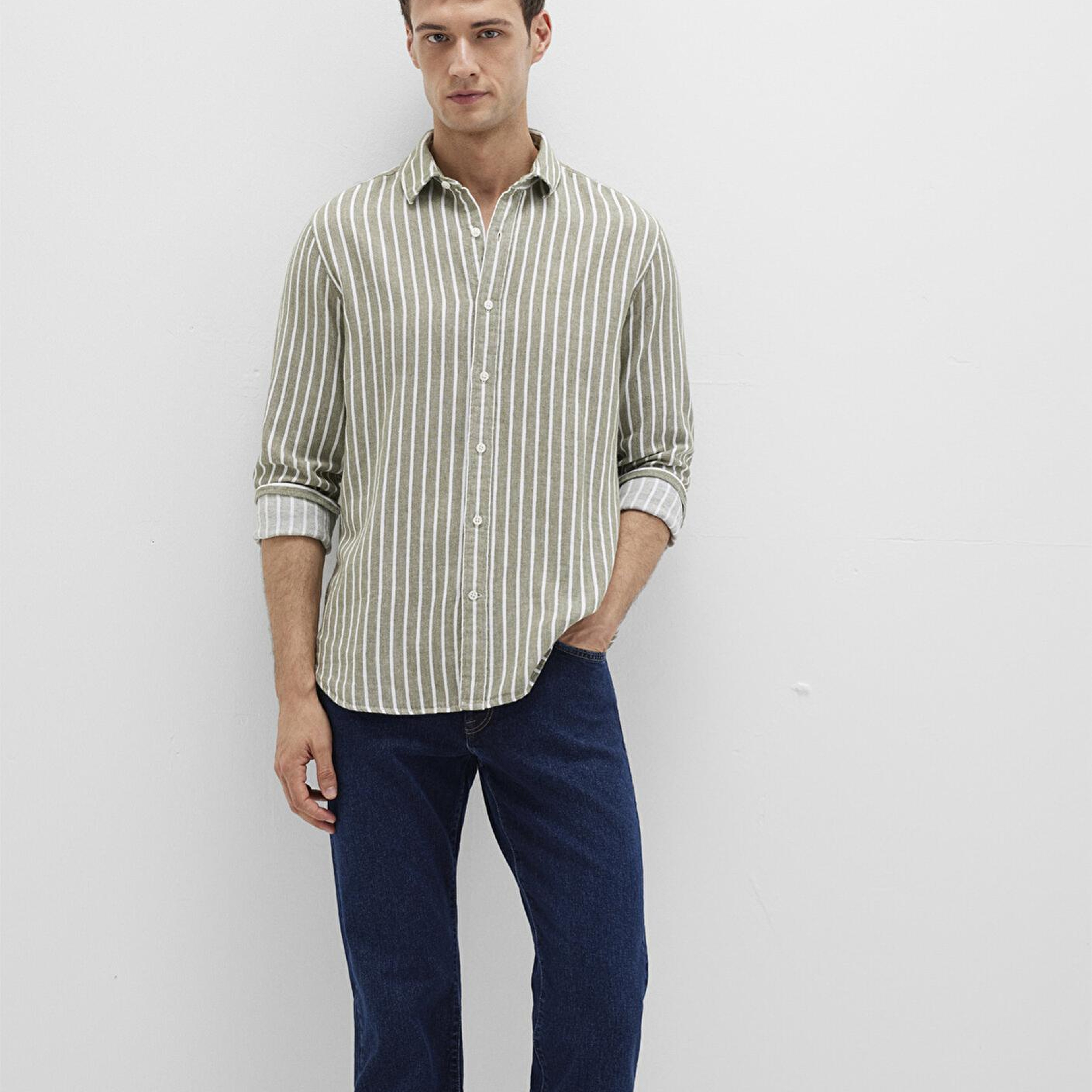 Mavi Çizgili Yeşil Gömlek Slim Fit / Dar Kesim 0211698-91114