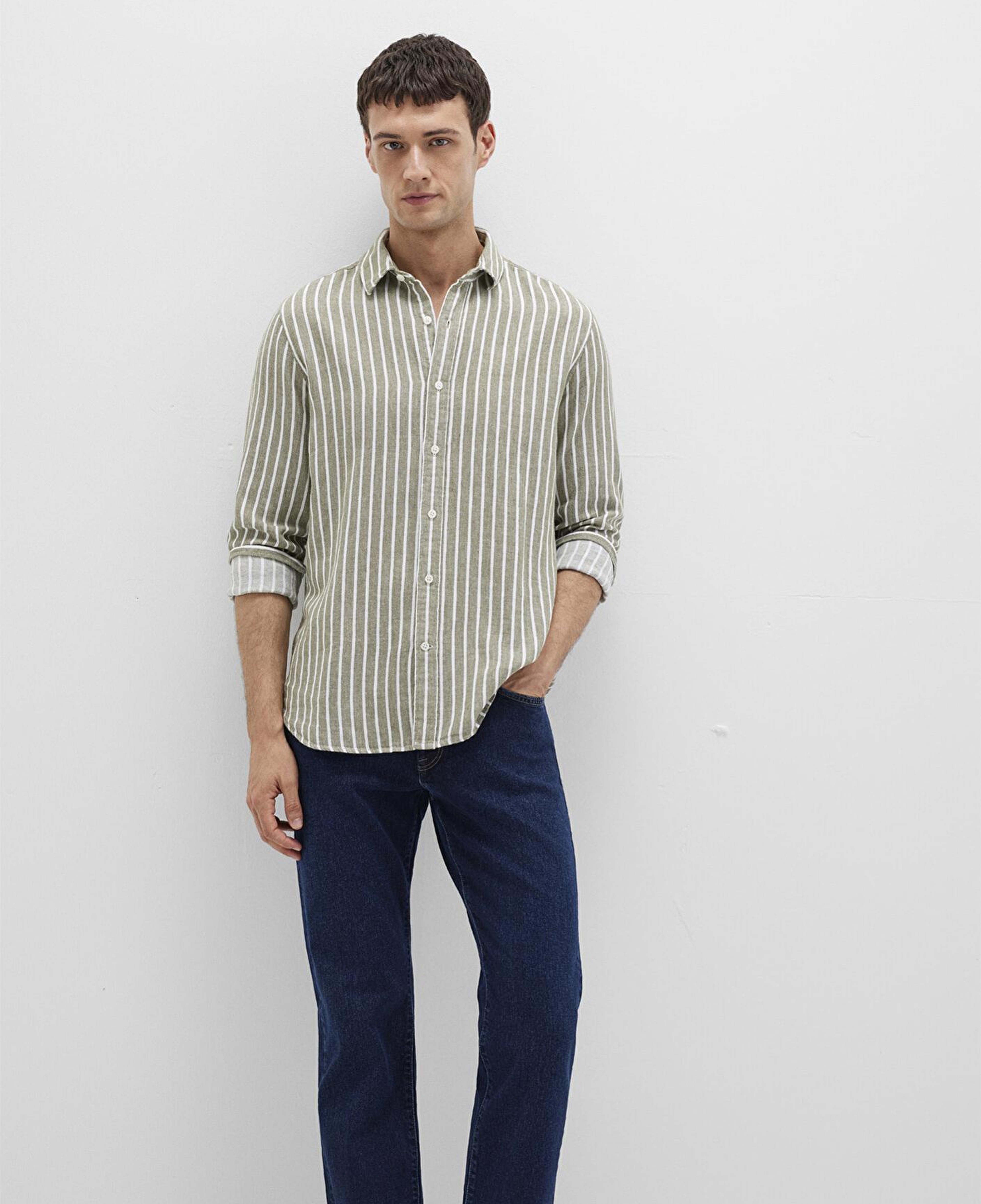 Mavi Çizgili Yeşil Gömlek Slim Fit / Dar Kesim 0211698-91114