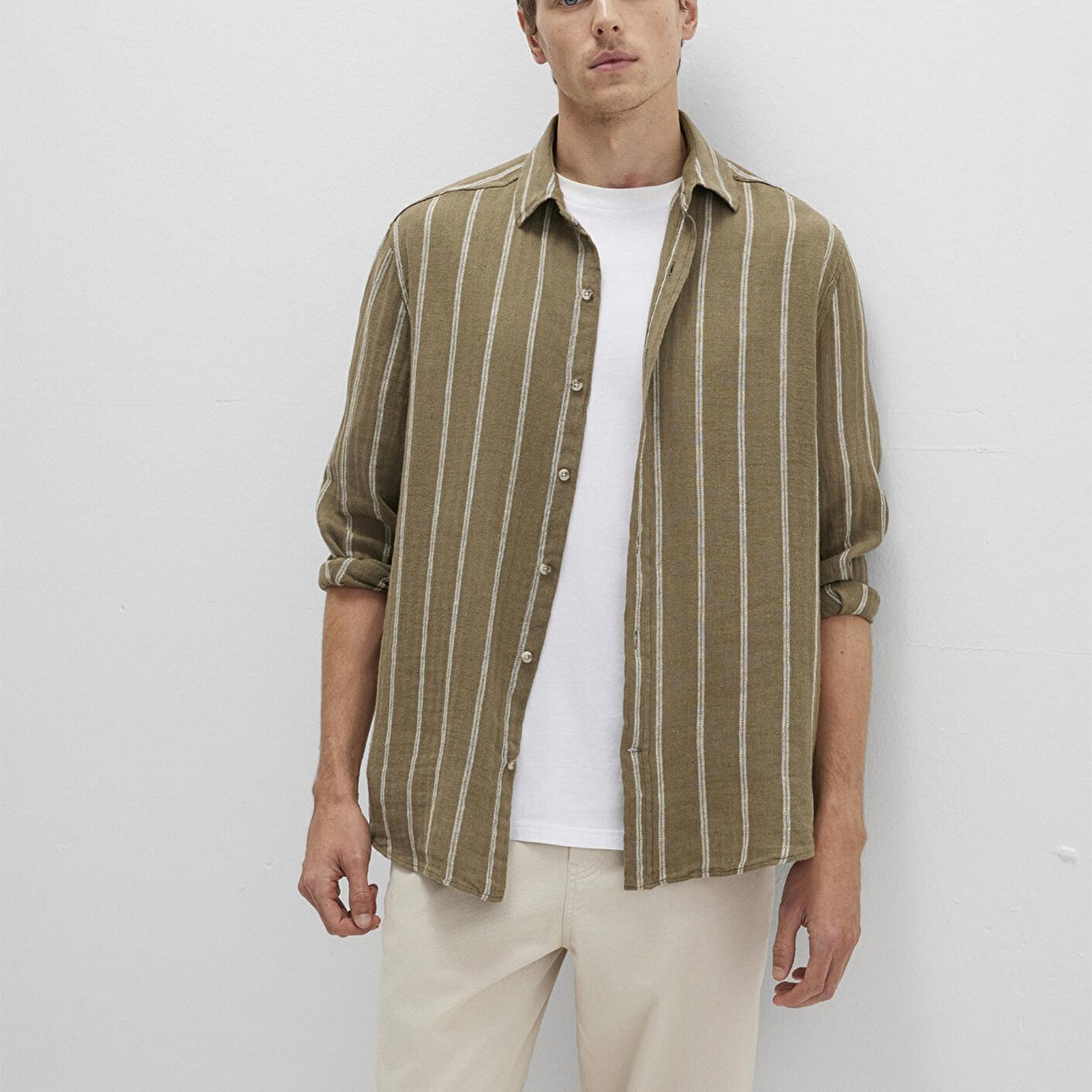 Mavi Keten Karışımlı Çizgili Yeşil Gömlek Regular Fit / Normal Kesim 0211730-91111