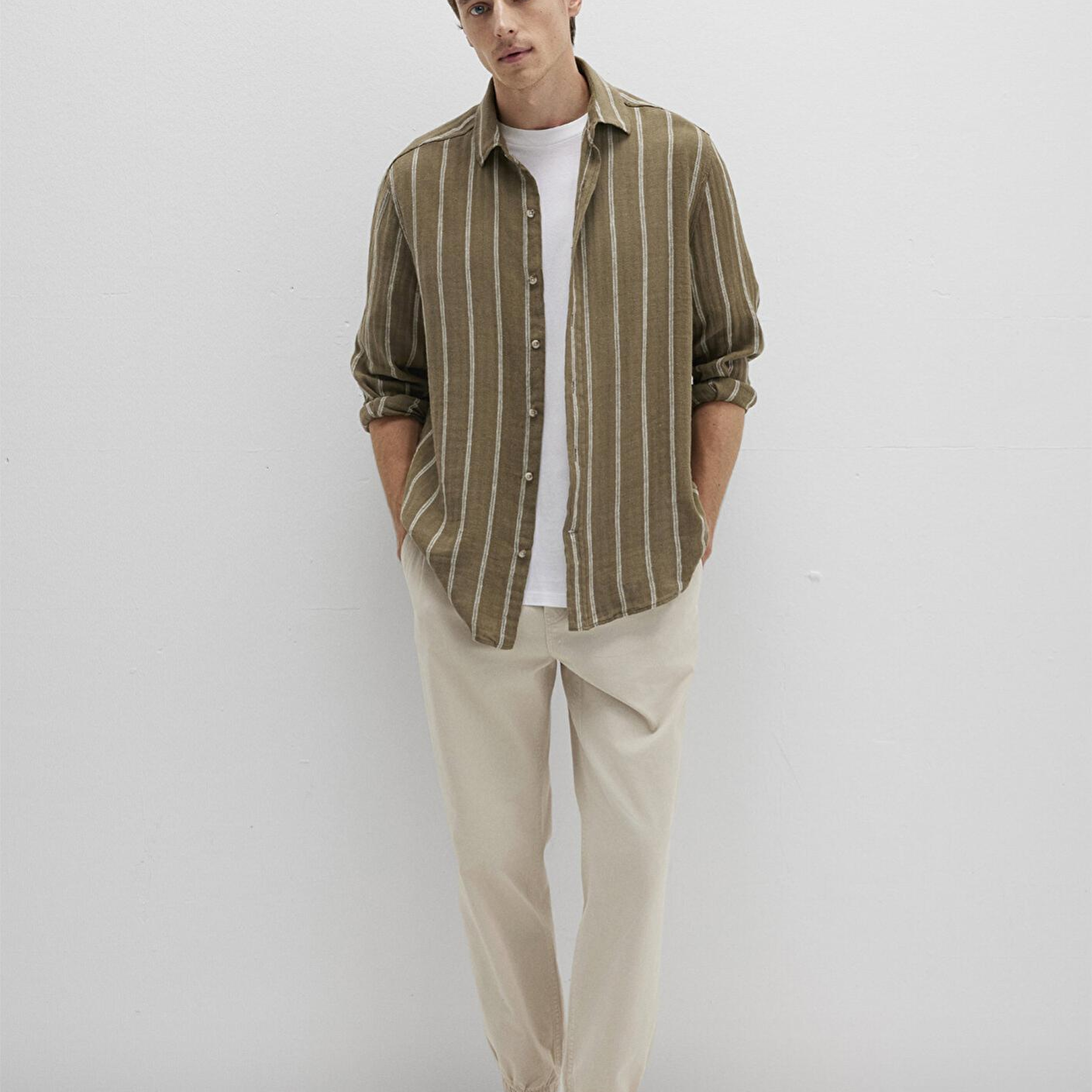 Mavi Keten Karışımlı Çizgili Yeşil Gömlek Regular Fit / Normal Kesim 0211730-91111