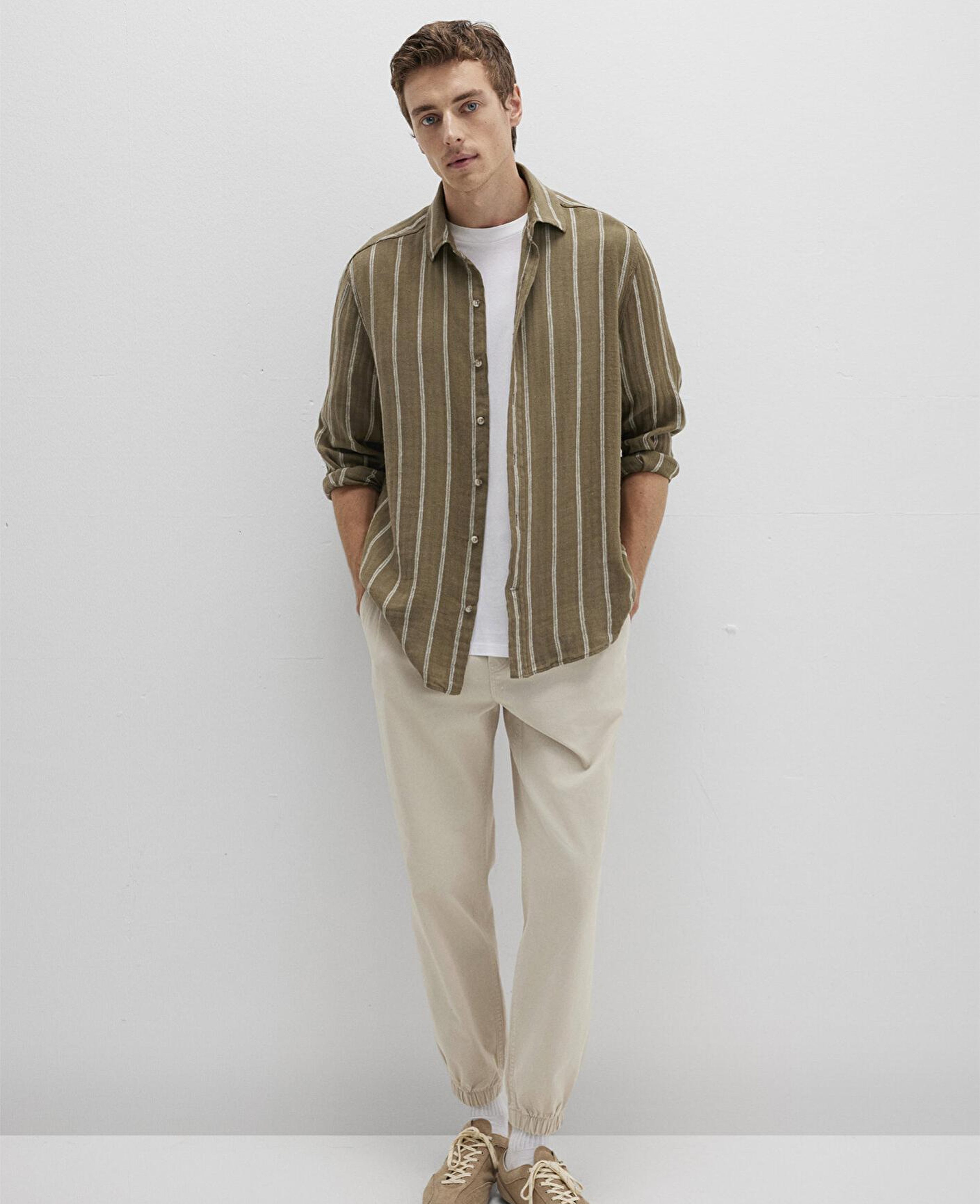 Mavi Keten Karışımlı Çizgili Yeşil Gömlek Regular Fit / Normal Kesim 0211730-91111