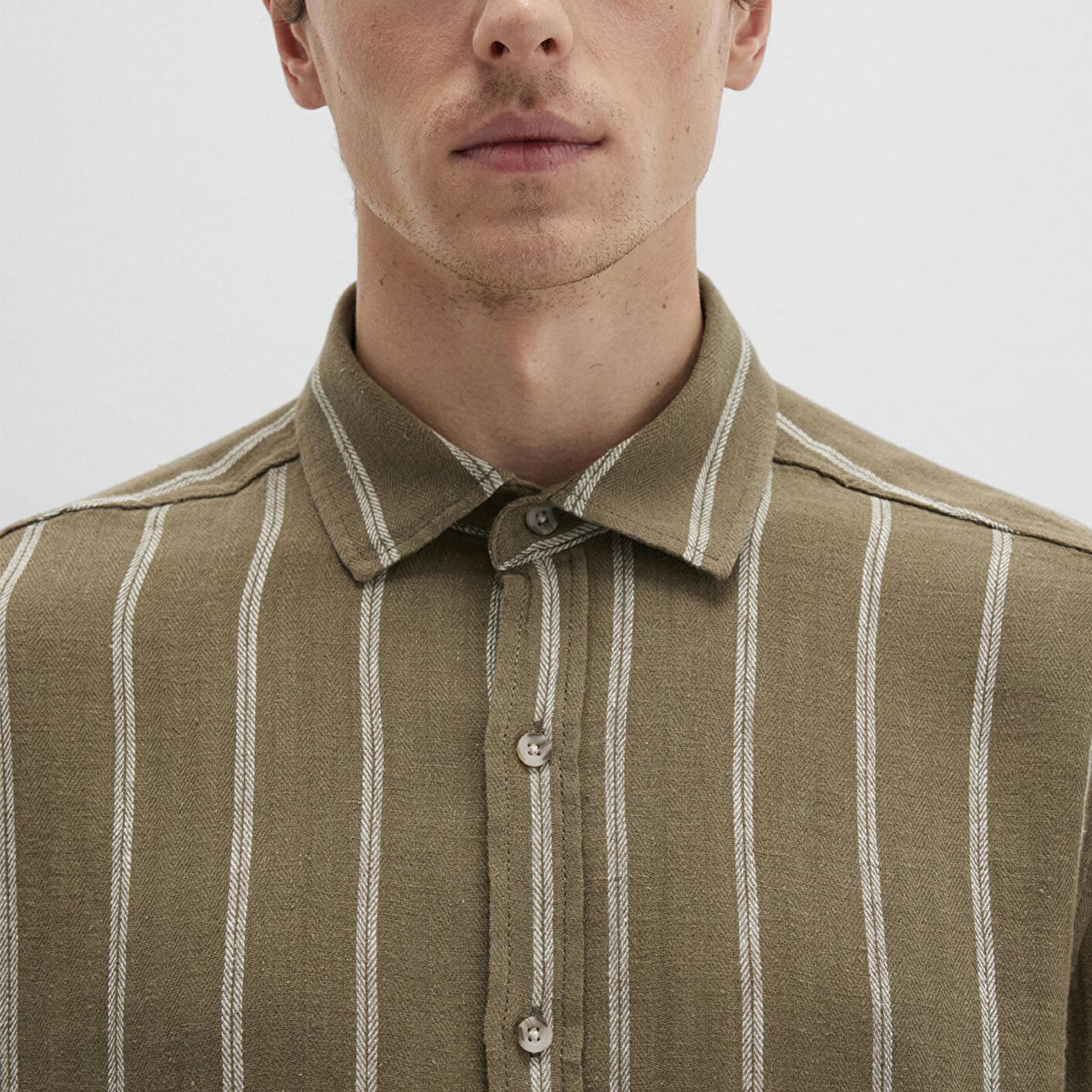 Mavi Keten Karışımlı Çizgili Yeşil Gömlek Regular Fit / Normal Kesim 0211730-91111