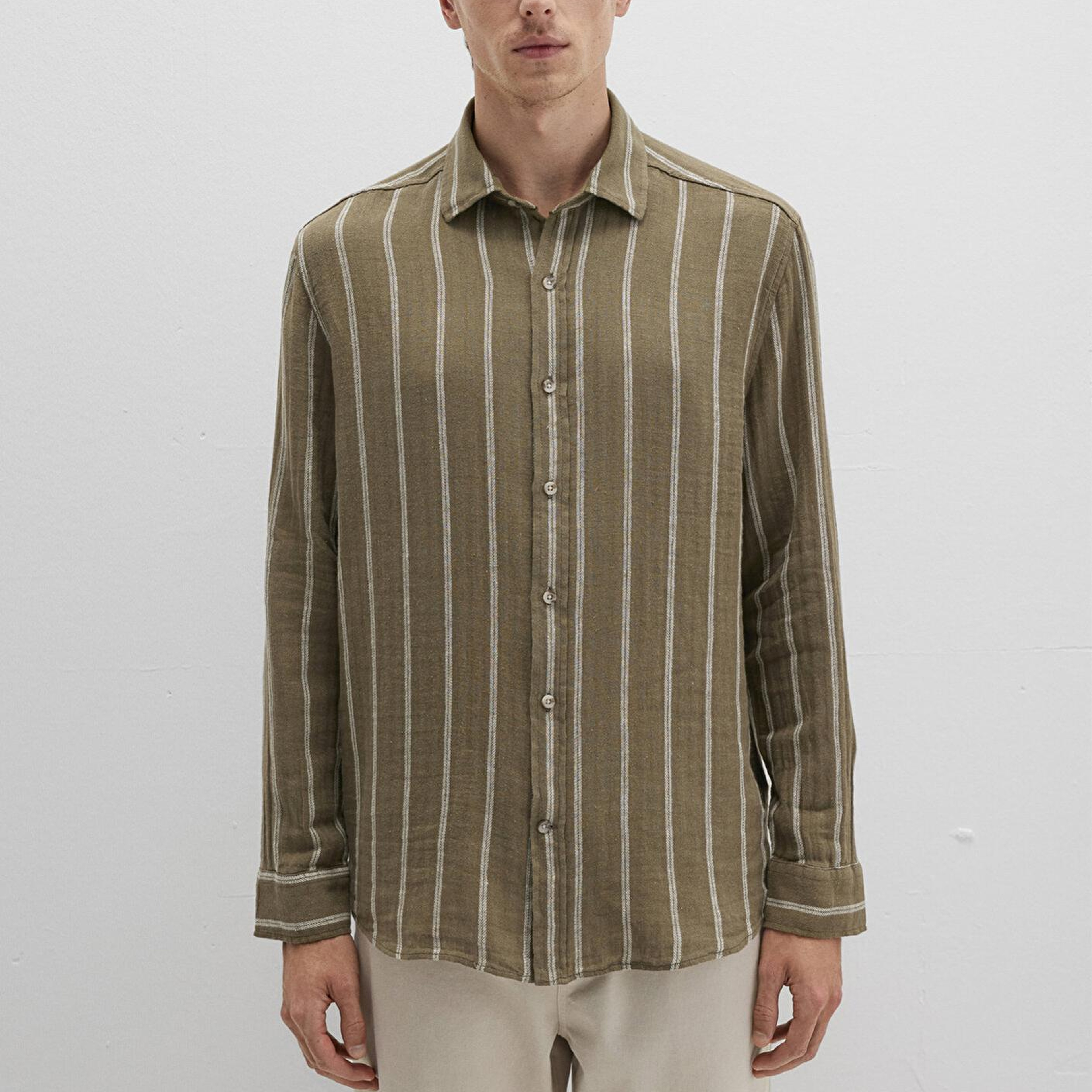 Mavi Keten Karışımlı Çizgili Yeşil Gömlek Regular Fit / Normal Kesim 0211730-91111