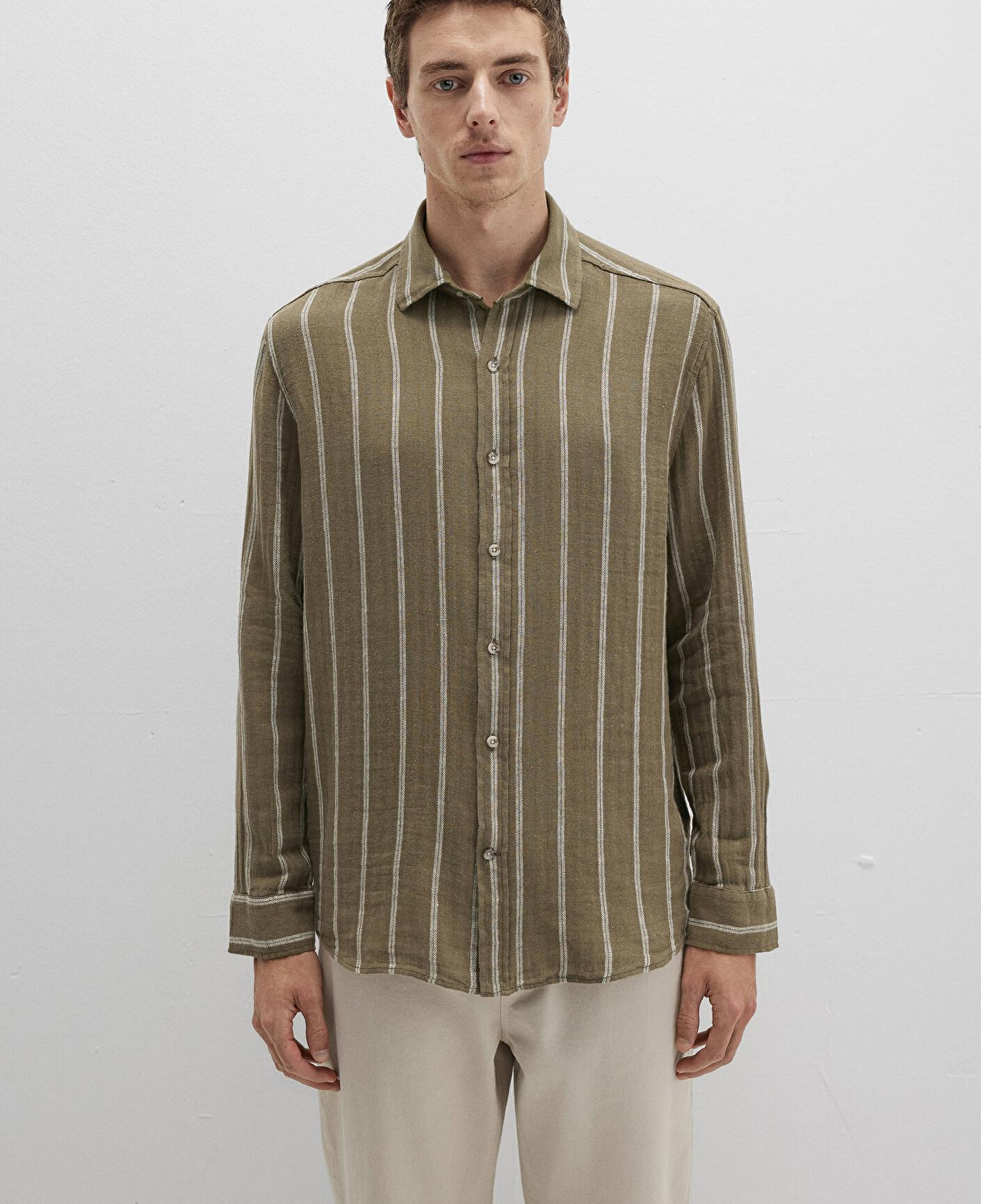 Mavi Keten Karışımlı Çizgili Yeşil Gömlek Regular Fit / Normal Kesim 0211730-91111