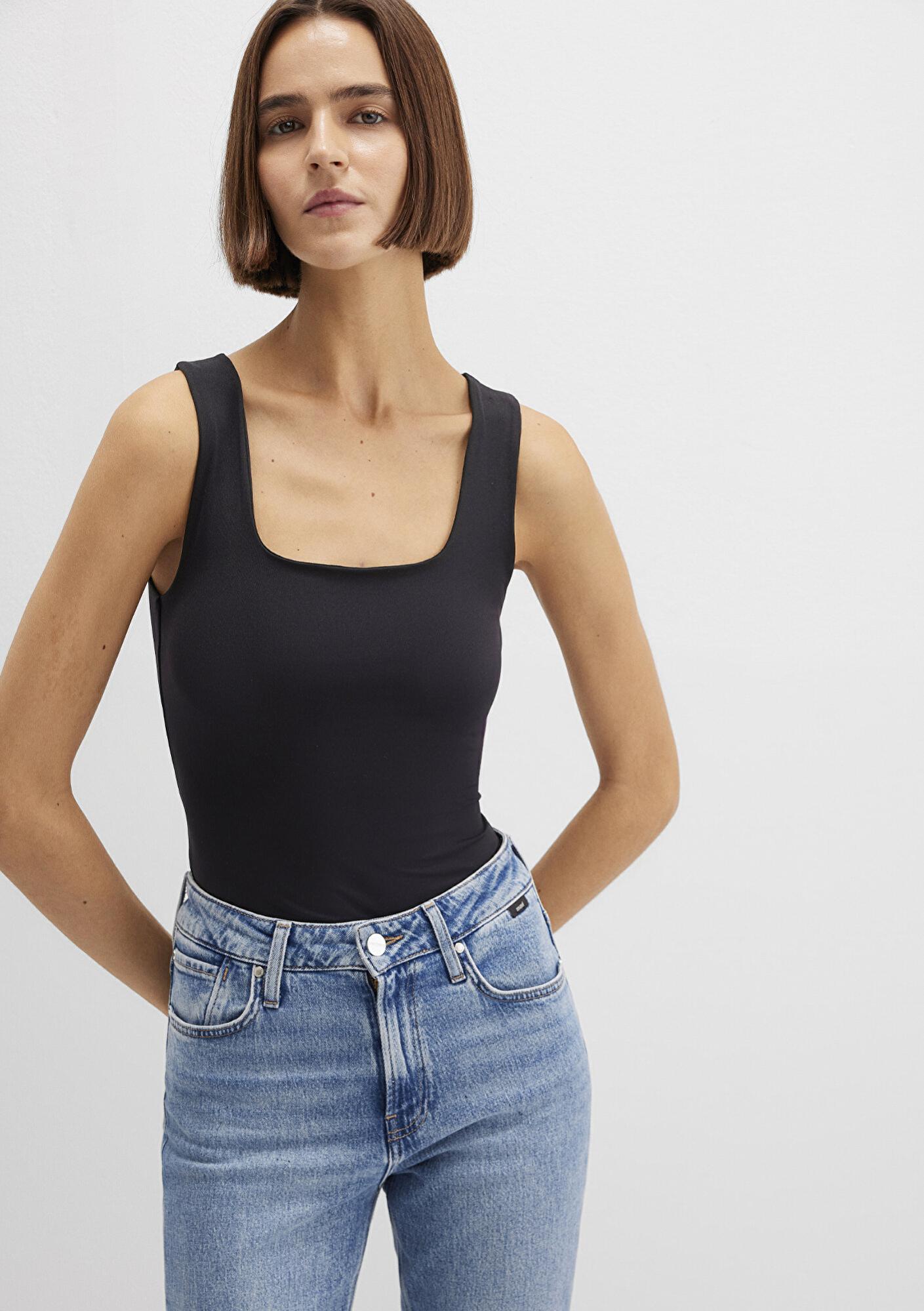 Mavi Kare Yaka Siyah Poliamid Atlet Fitted / Vücuda Oturan Kesim 1613498-900