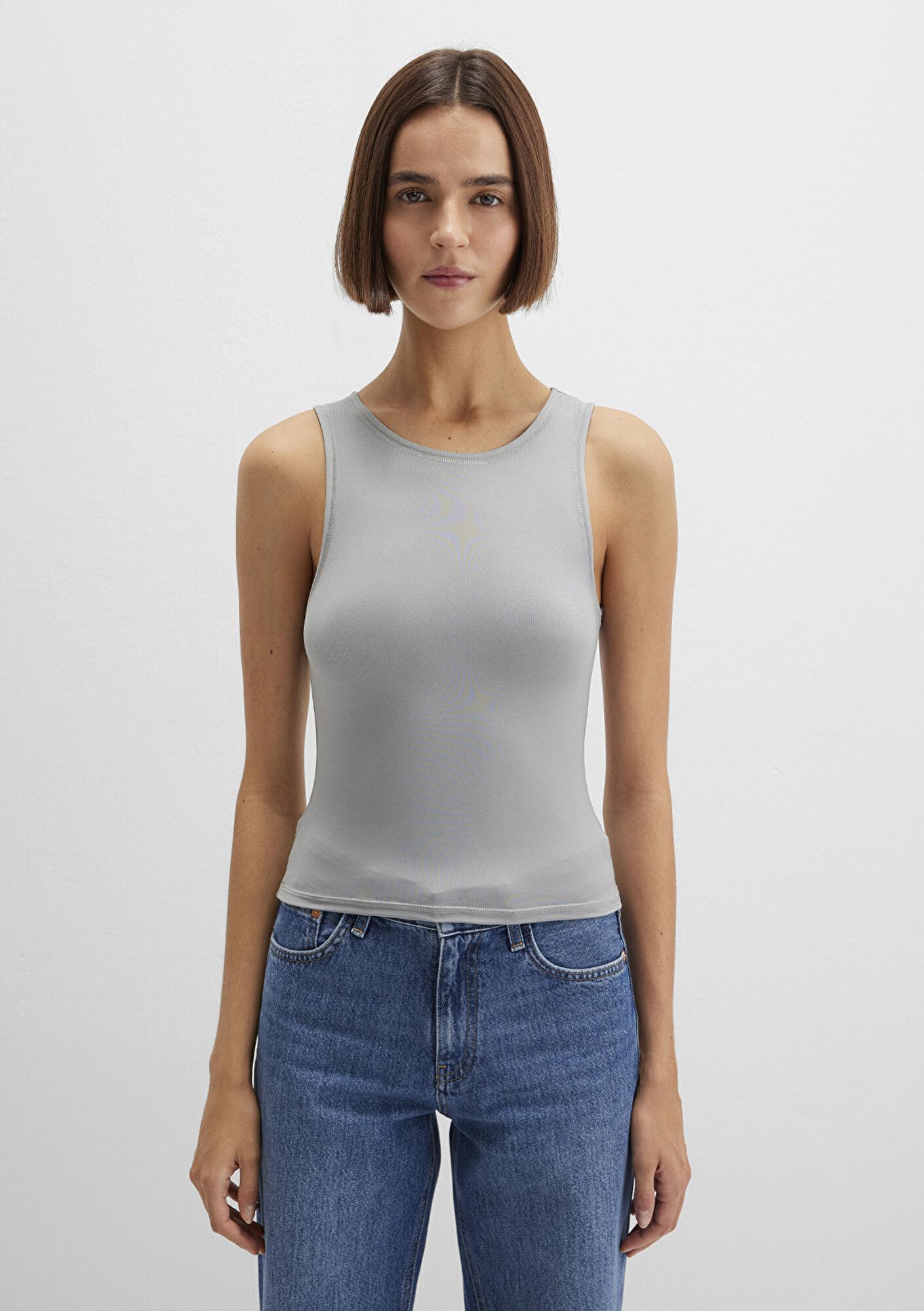 Mavi Halter Yaka Gri Poliamid Atlet Fitted / Vücuda Oturan Kesim 1613499-70098