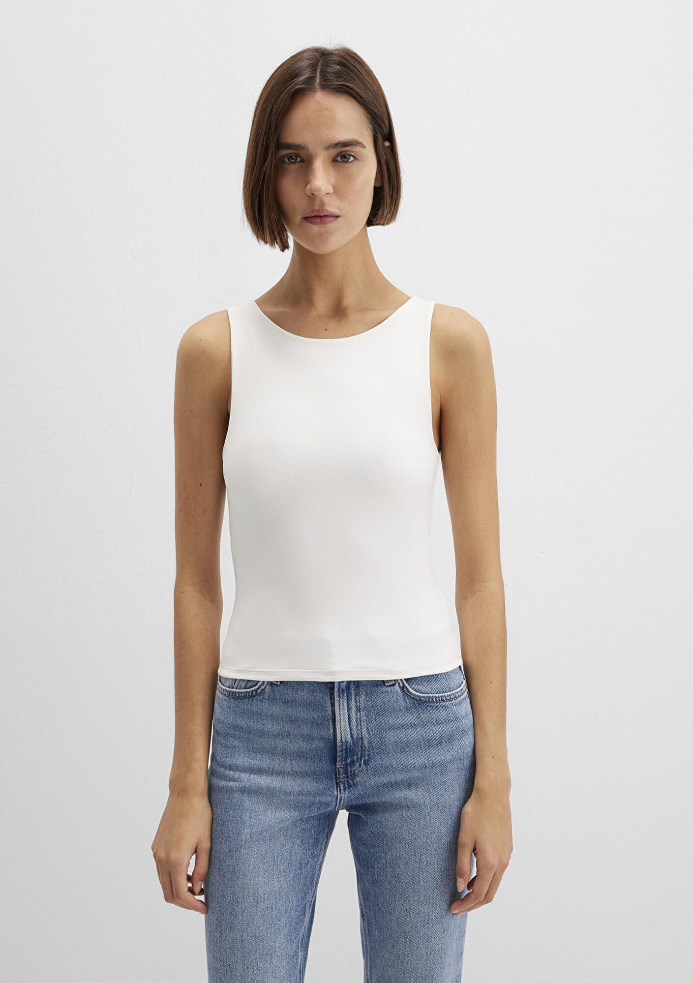 Mavi Kayık Yaka Beyaz Poliamid Top Fitted / Vücuda Oturan Kesim 1613497-70057