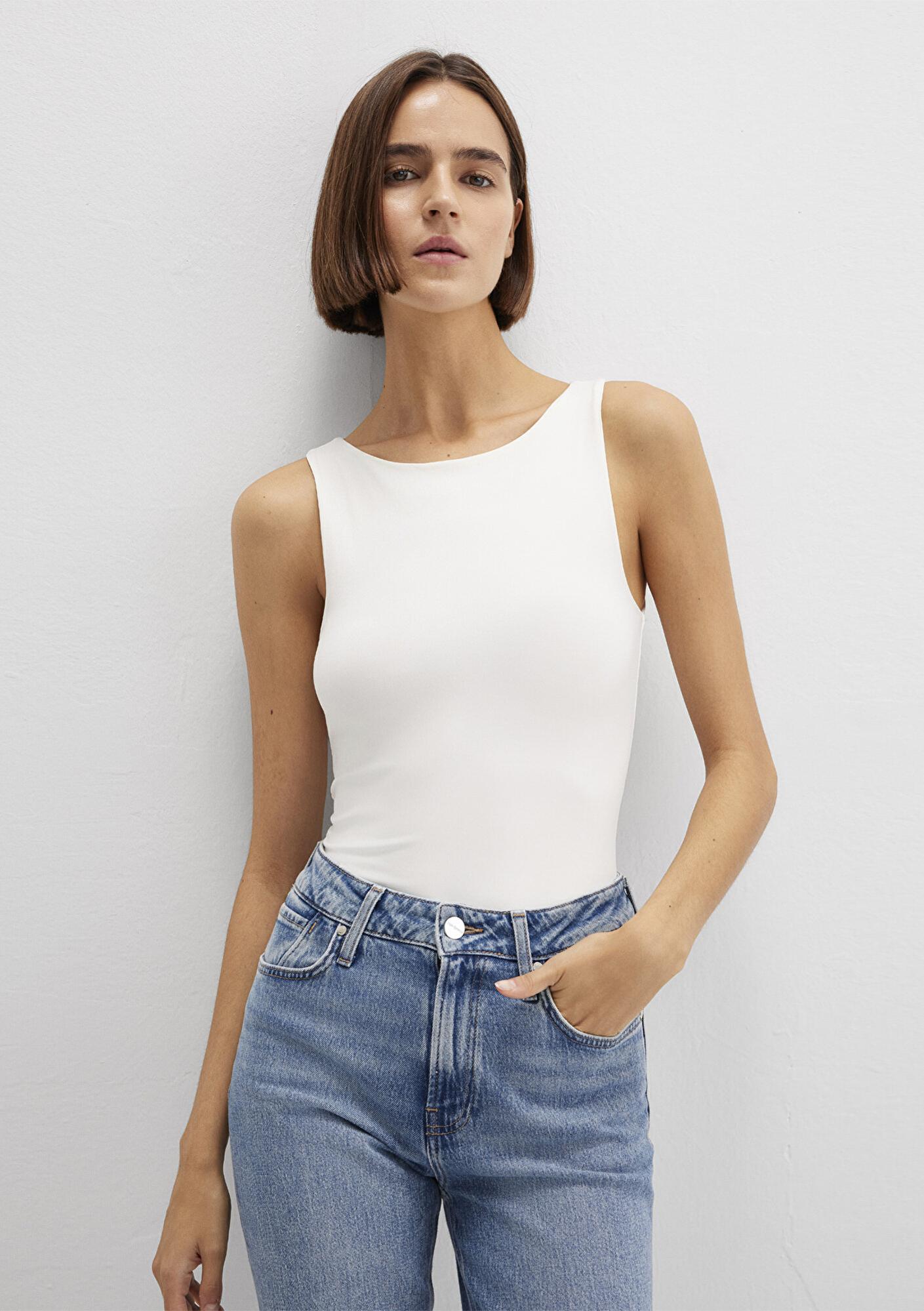 Mavi Kayık Yaka Beyaz Poliamid Top Fitted / Vücuda Oturan Kesim 1613497-70057