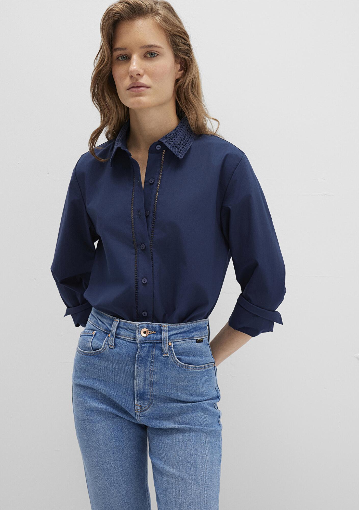 Mavi Nakışlı Şerit Detaylı Lacivert Gömlek Regular Fit / Normal Kesim 1211174-82318