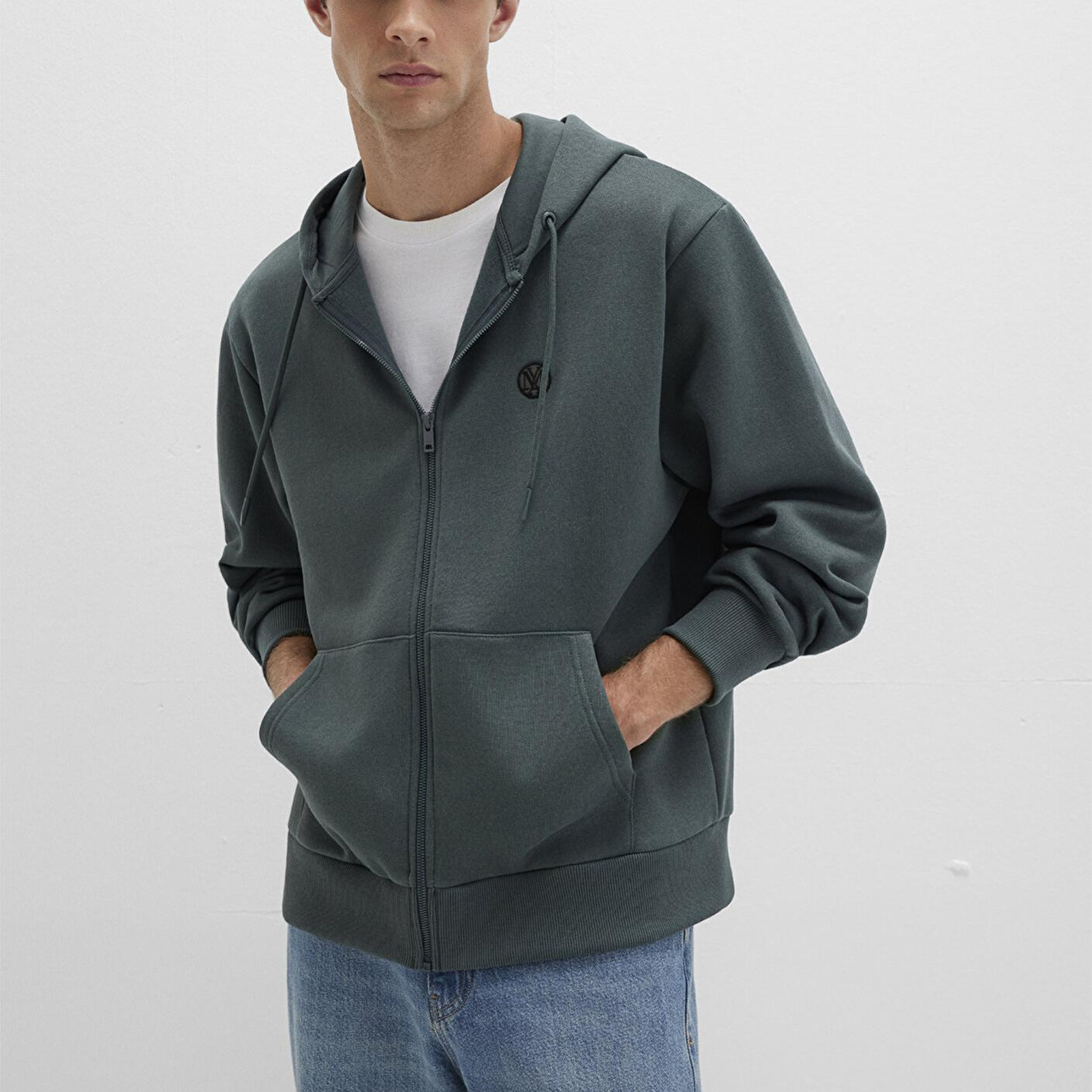 Mavi Mühür Logo Nakışlı Kapüşonlu Fermuarlı Yeşil Sweatshirt 066979-71598