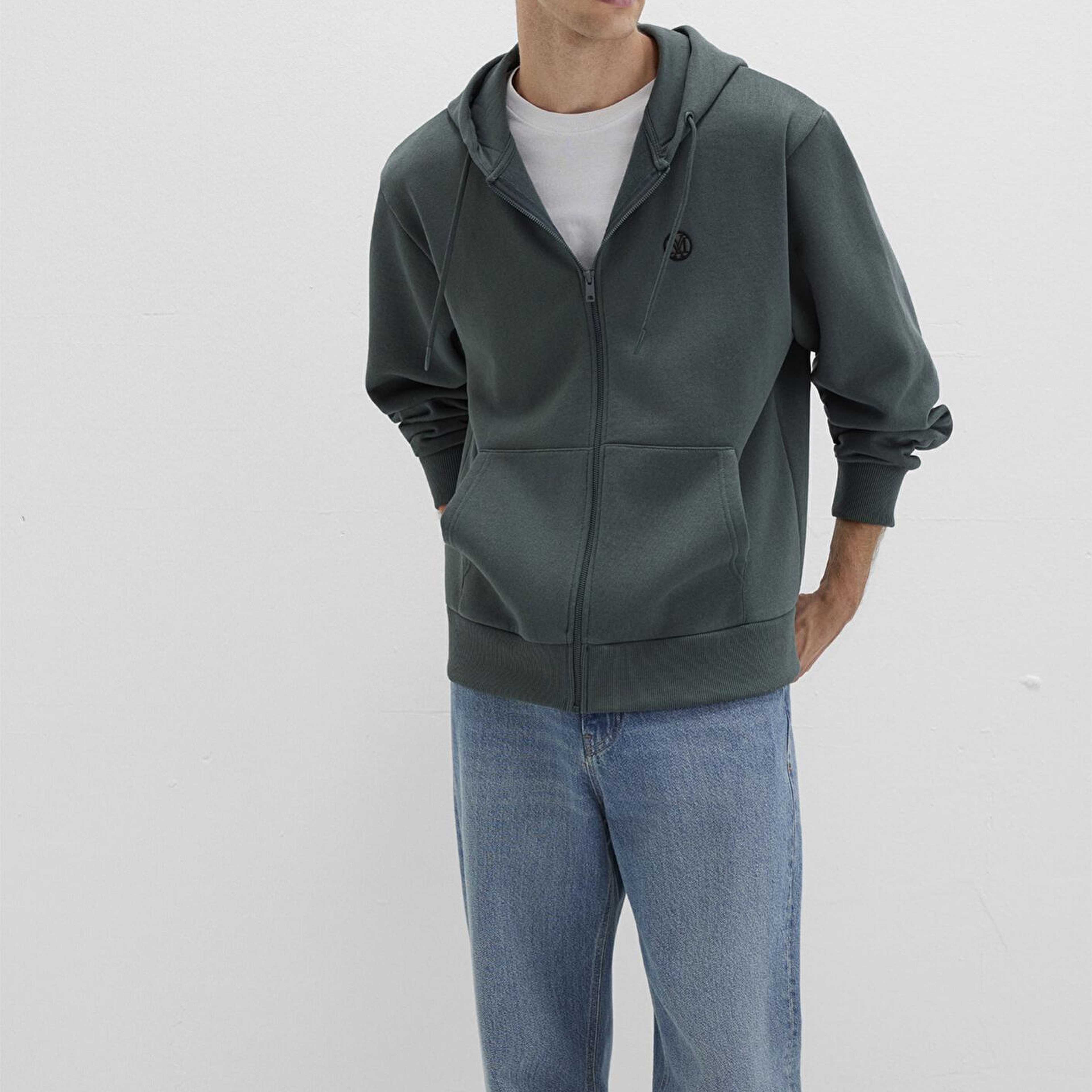 Mavi Mühür Logo Nakışlı Kapüşonlu Fermuarlı Yeşil Sweatshirt 066979-71598