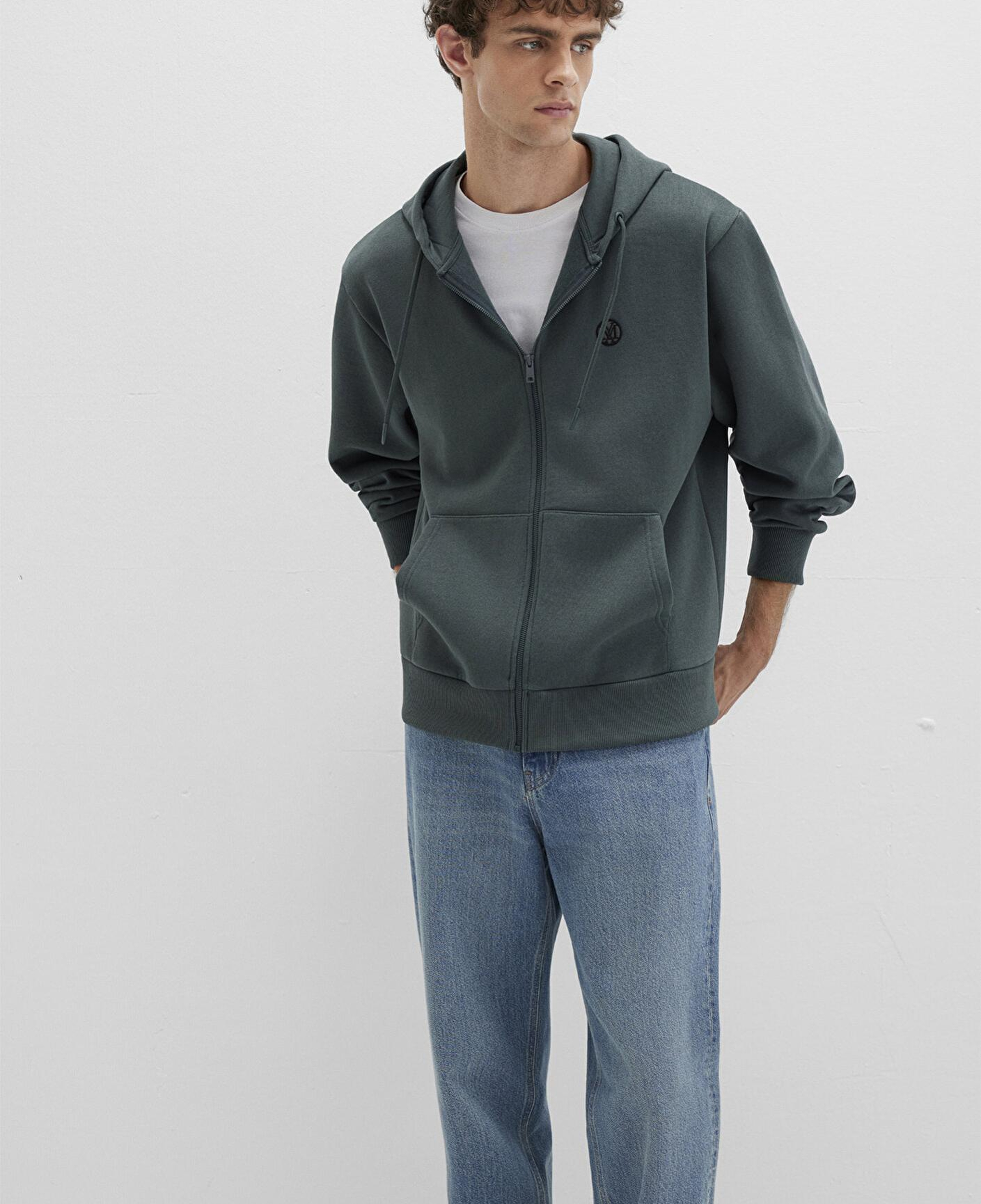 Mavi Mühür Logo Nakışlı Kapüşonlu Fermuarlı Yeşil Sweatshirt 066979-71598