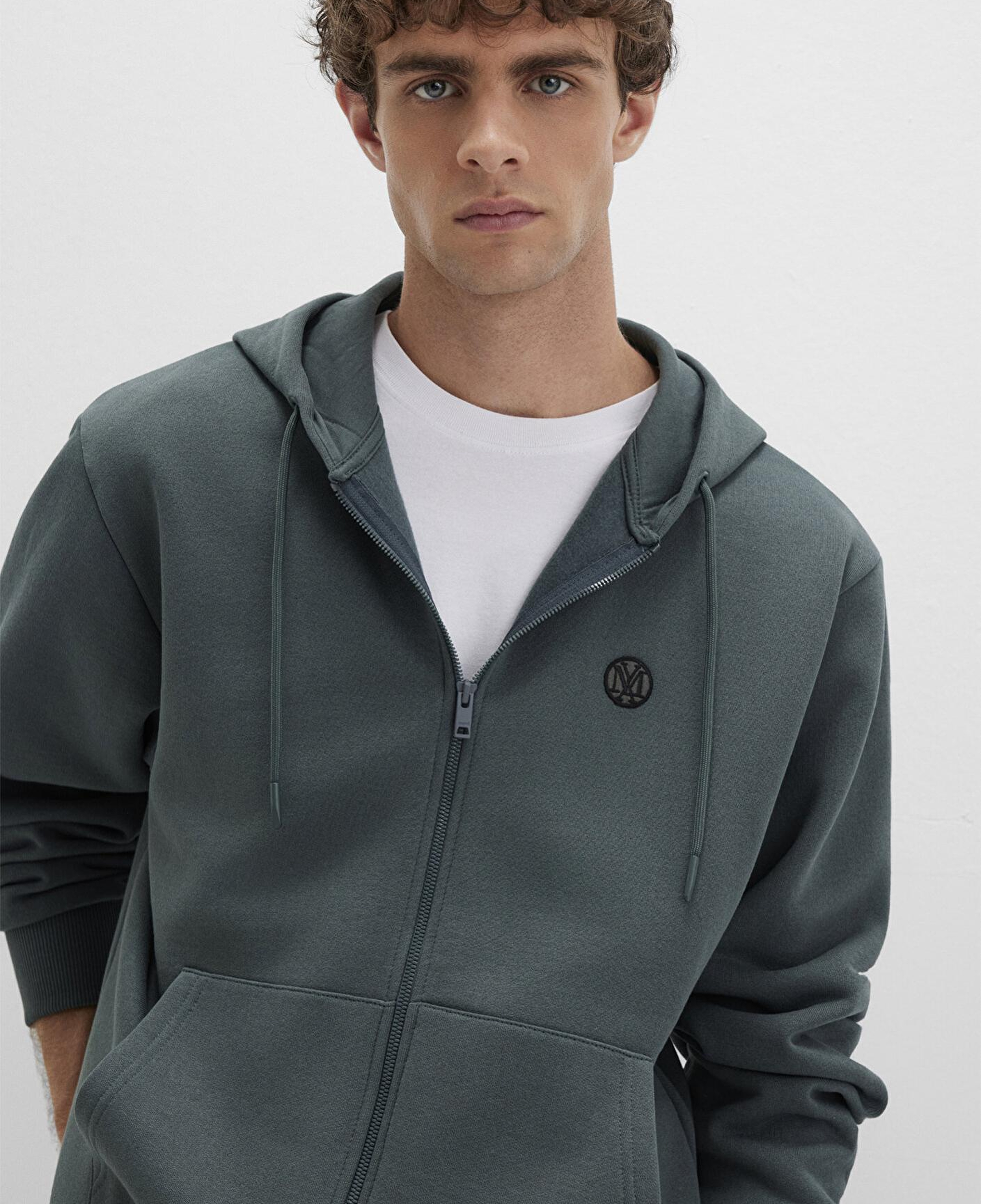 Mavi Mühür Logo Nakışlı Kapüşonlu Fermuarlı Yeşil Sweatshirt 066979-71598