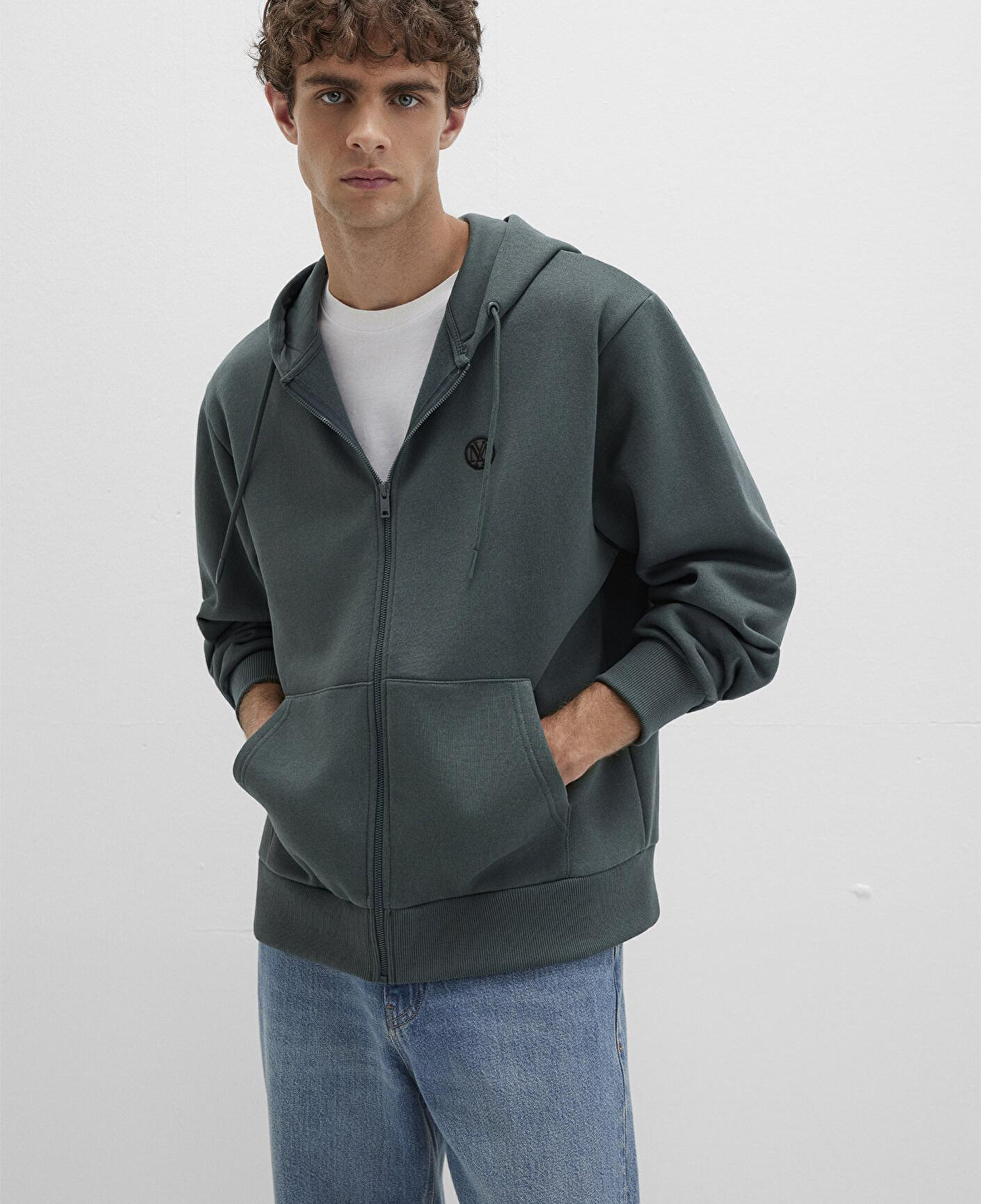 Mavi Mühür Logo Nakışlı Kapüşonlu Fermuarlı Yeşil Sweatshirt 066979-71598