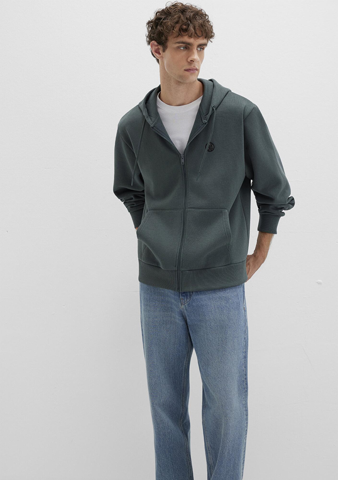Mavi Mühür Logo Nakışlı Kapüşonlu Fermuarlı Yeşil Sweatshirt 066979-71598